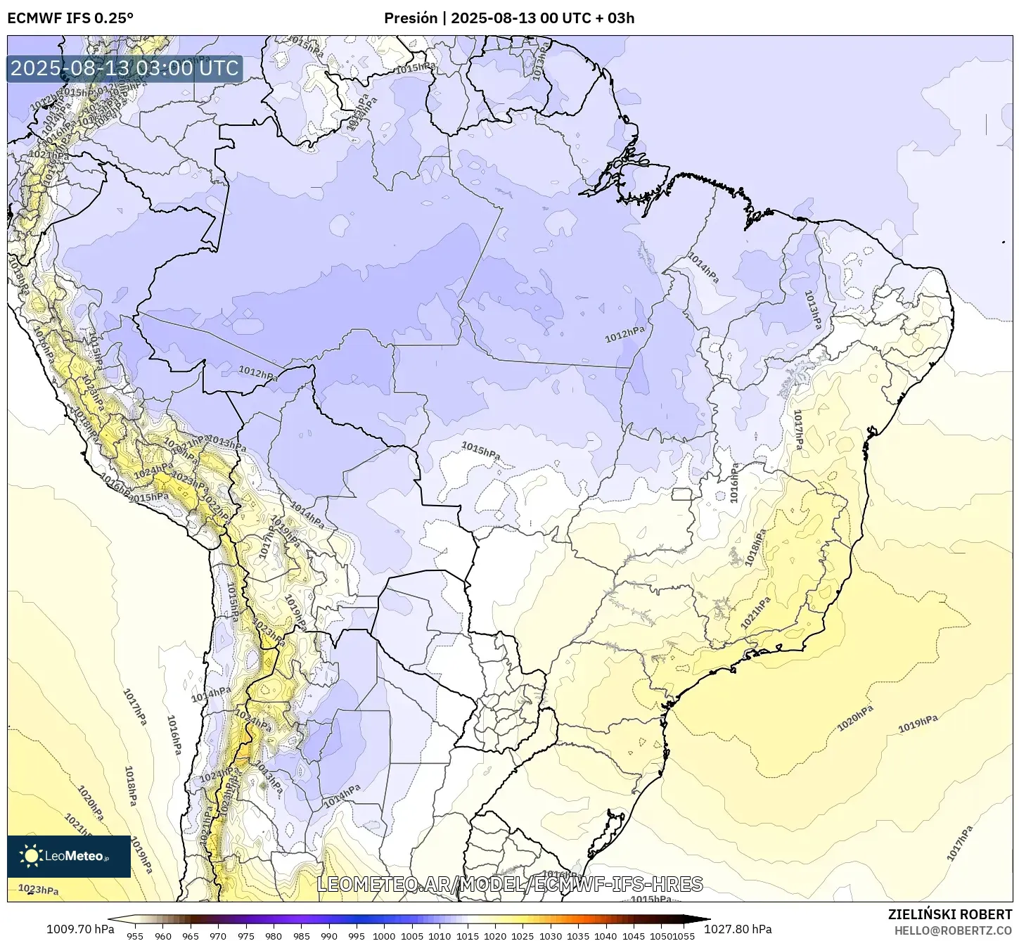 ECMWF IFS 0.25° model - Brasil, Presión ECMWF IFS 0.25° model - Brasil, Presión