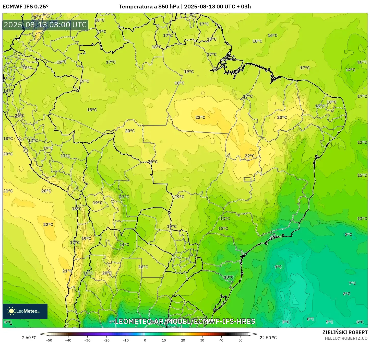 ECMWF IFS 0.25° model - Brasil, Temperatura a 850 hPa