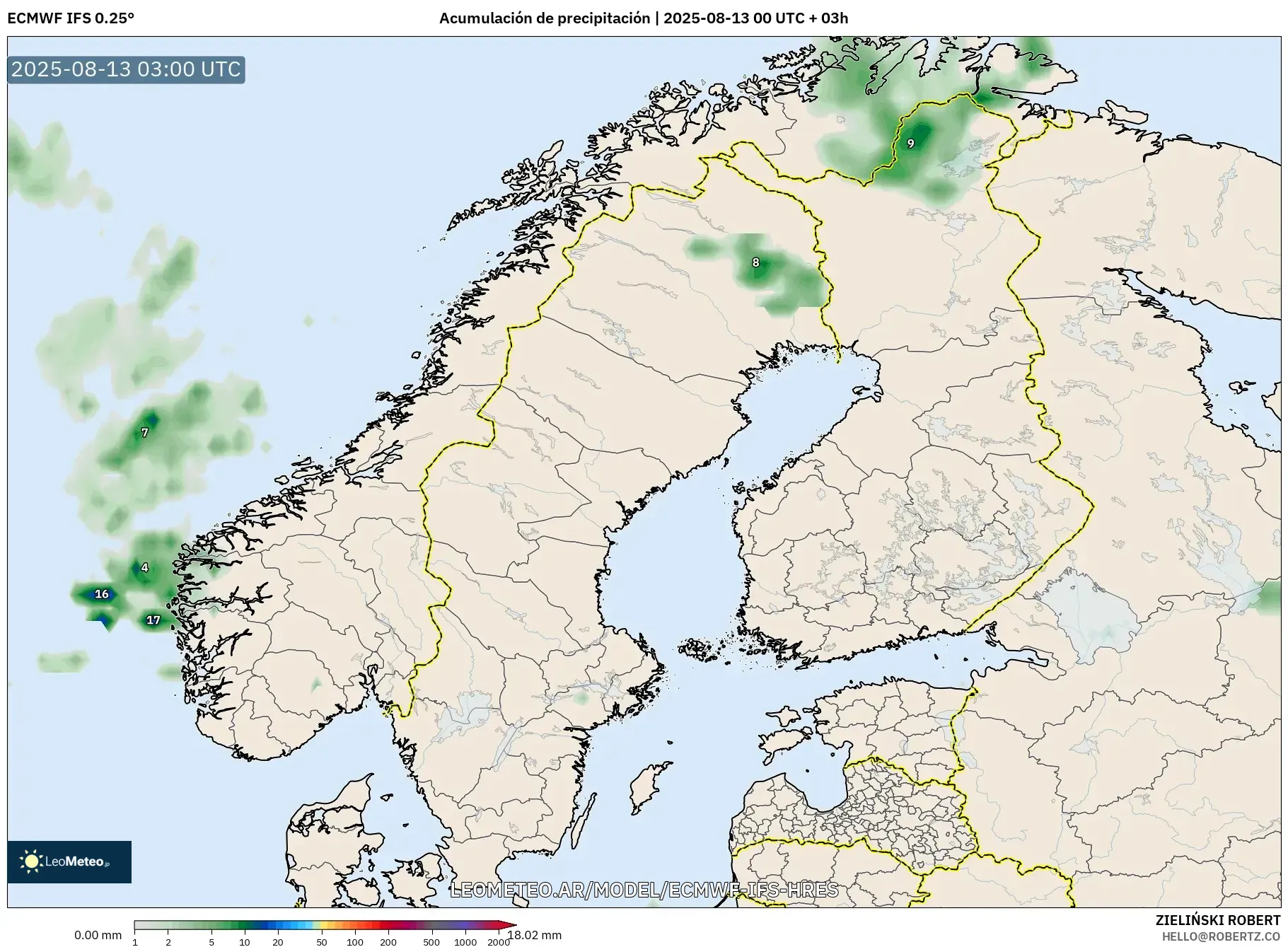 ECMWF IFS 0.25° model - Escandinavia, Acumulación de precipitación