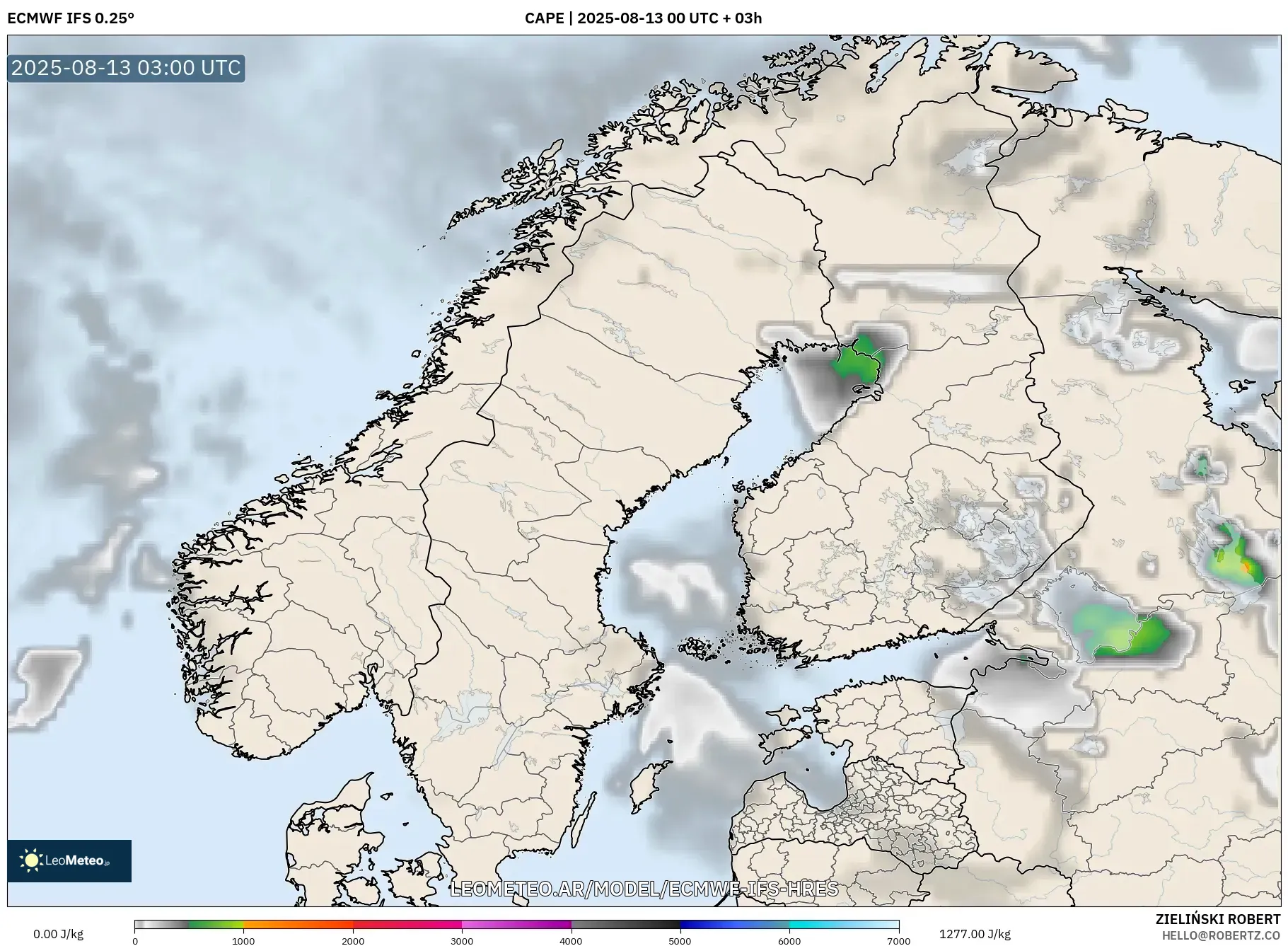 ECMWF IFS 0.25° model - Escandinavia, CAPE