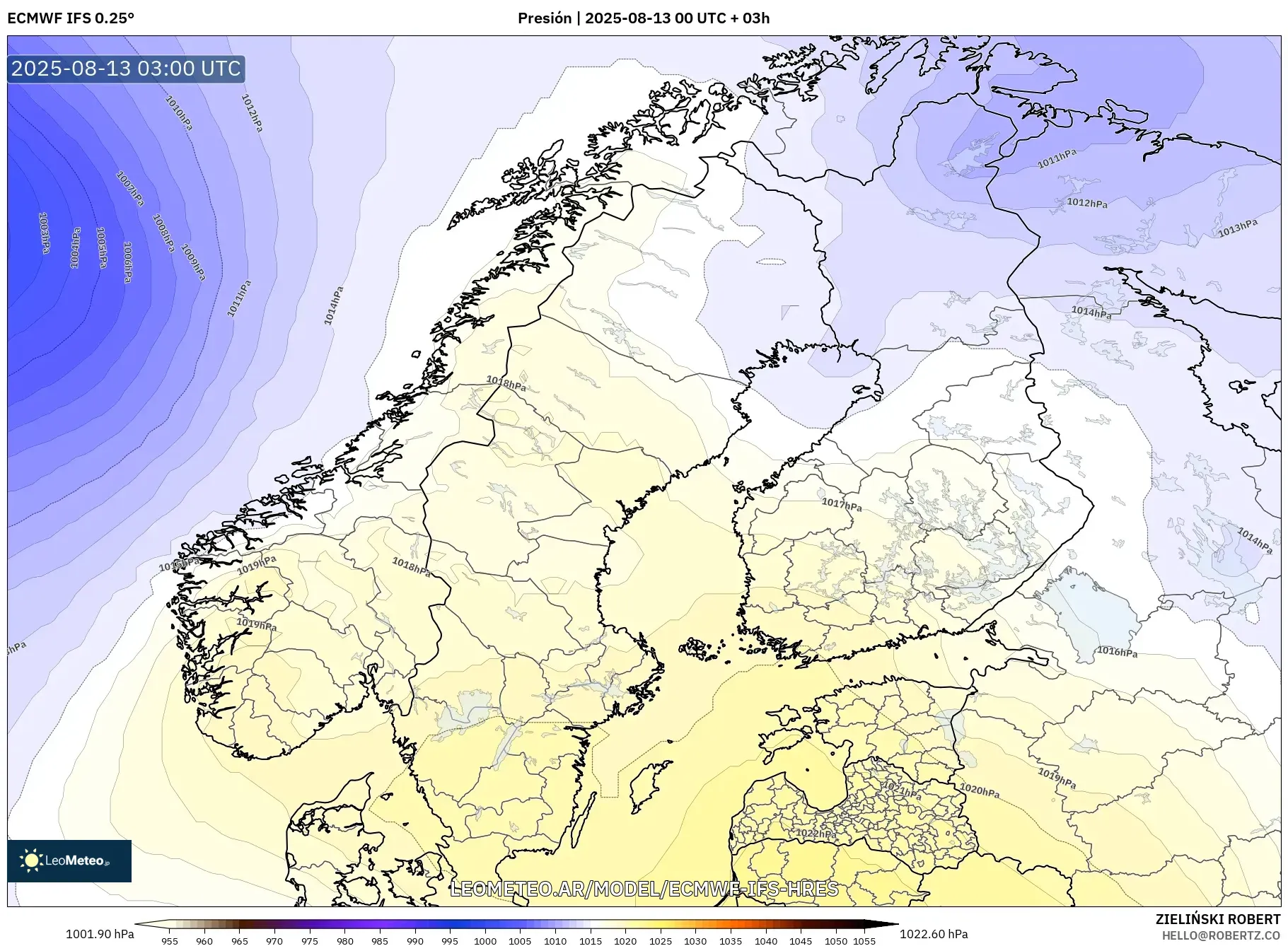 ECMWF IFS 0.25° model - Escandinavia, Presión