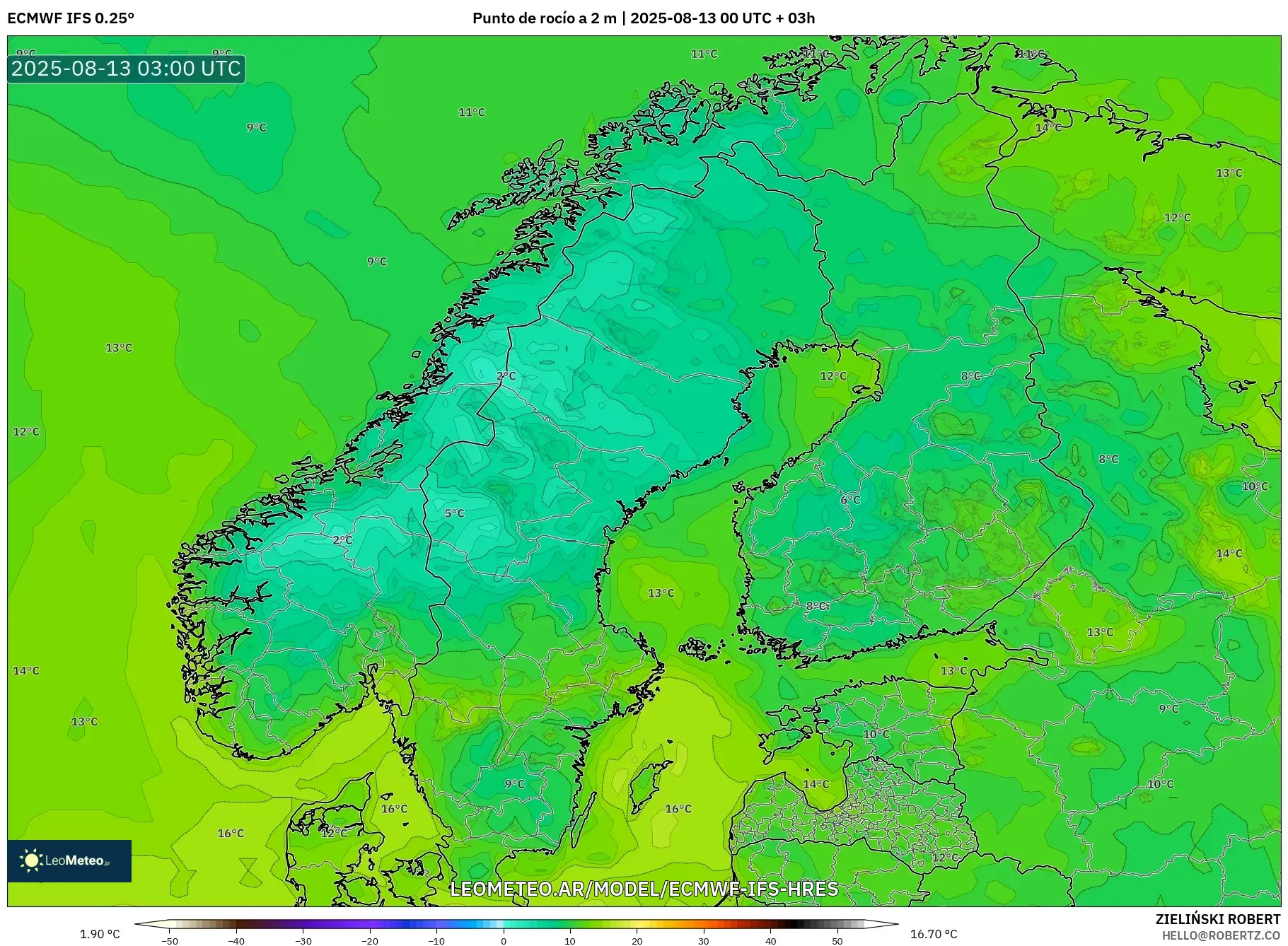 ECMWF IFS 0.25° model - Escandinavia, Punto de rocío a 2 m