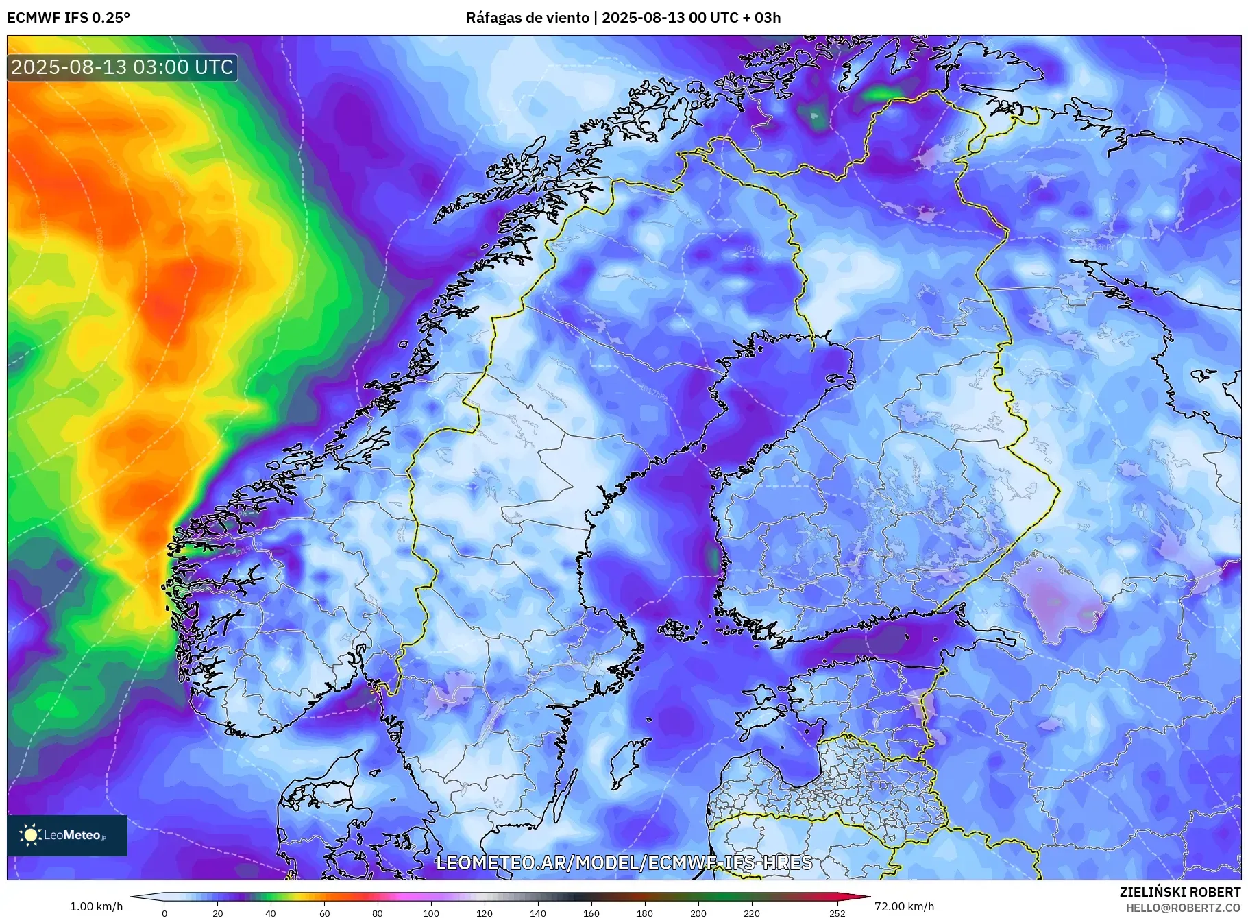 ECMWF IFS 0.25° model - Escandinavia, Ráfagas de viento