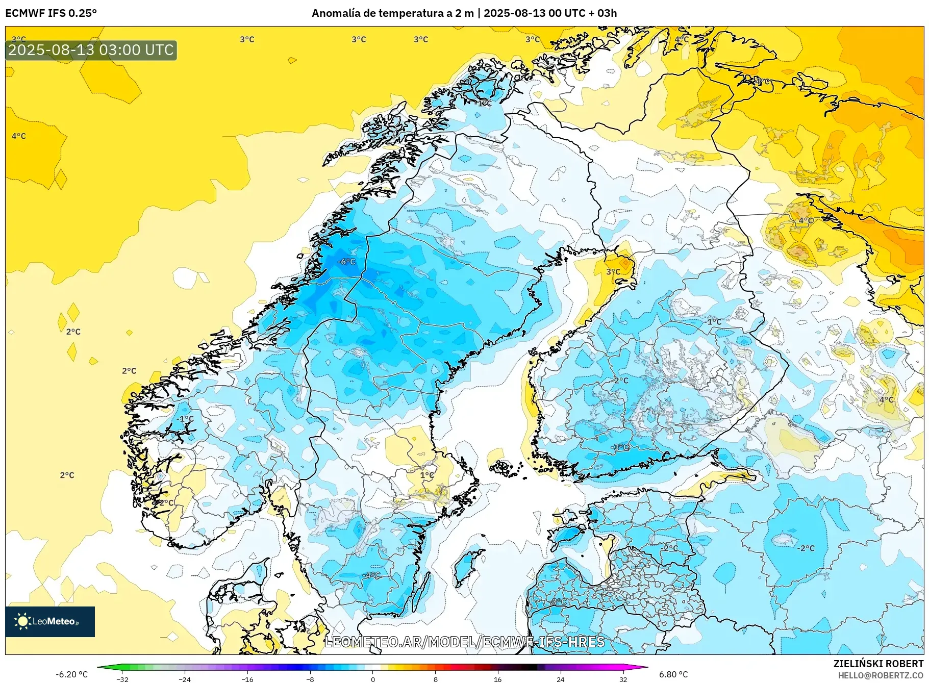 ECMWF IFS 0.25° model - Escandinavia, Anomalía de temperatura a 2 m