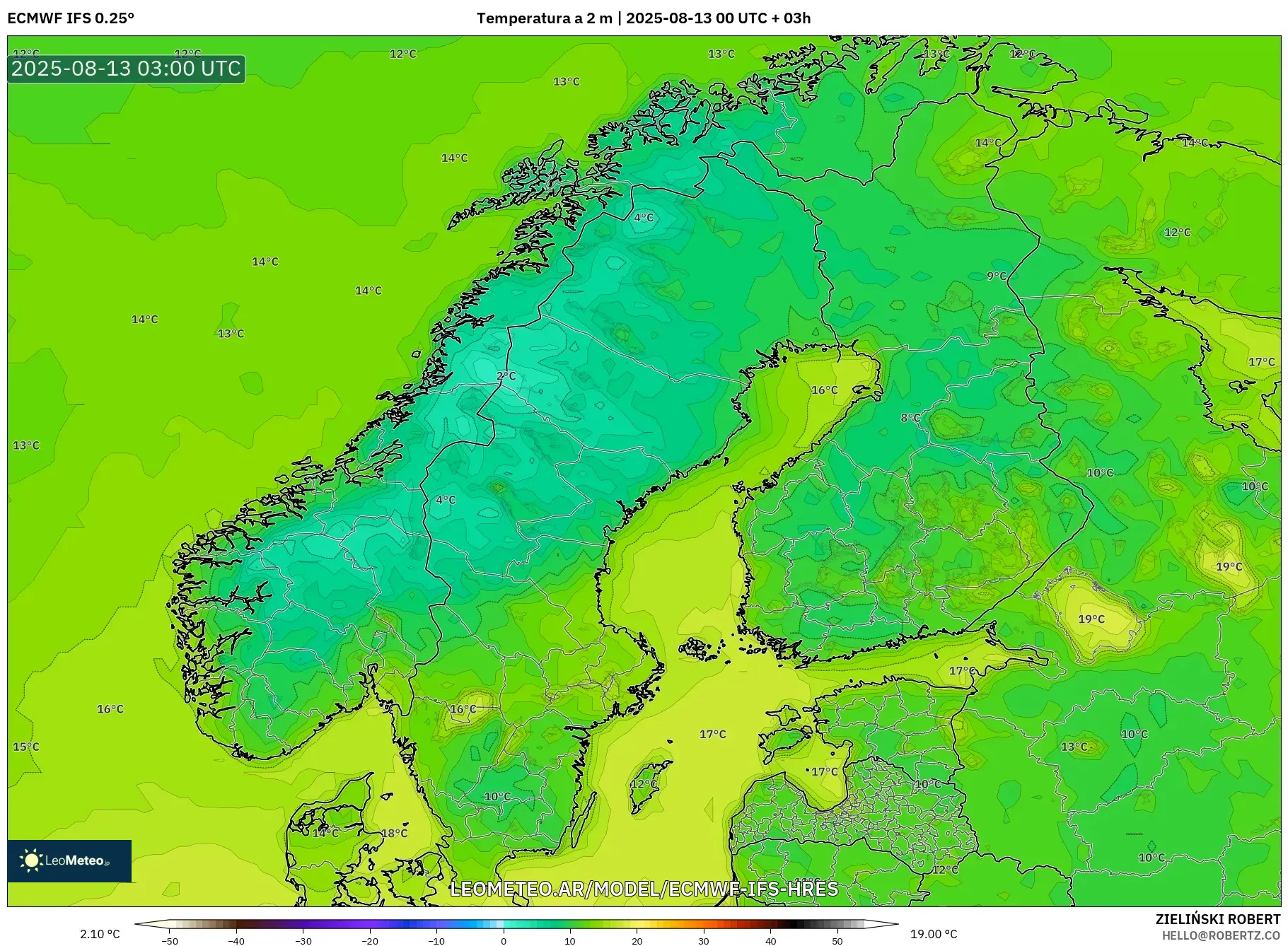 ECMWF IFS 0.25° model - Escandinavia, Temperatura a 2 m