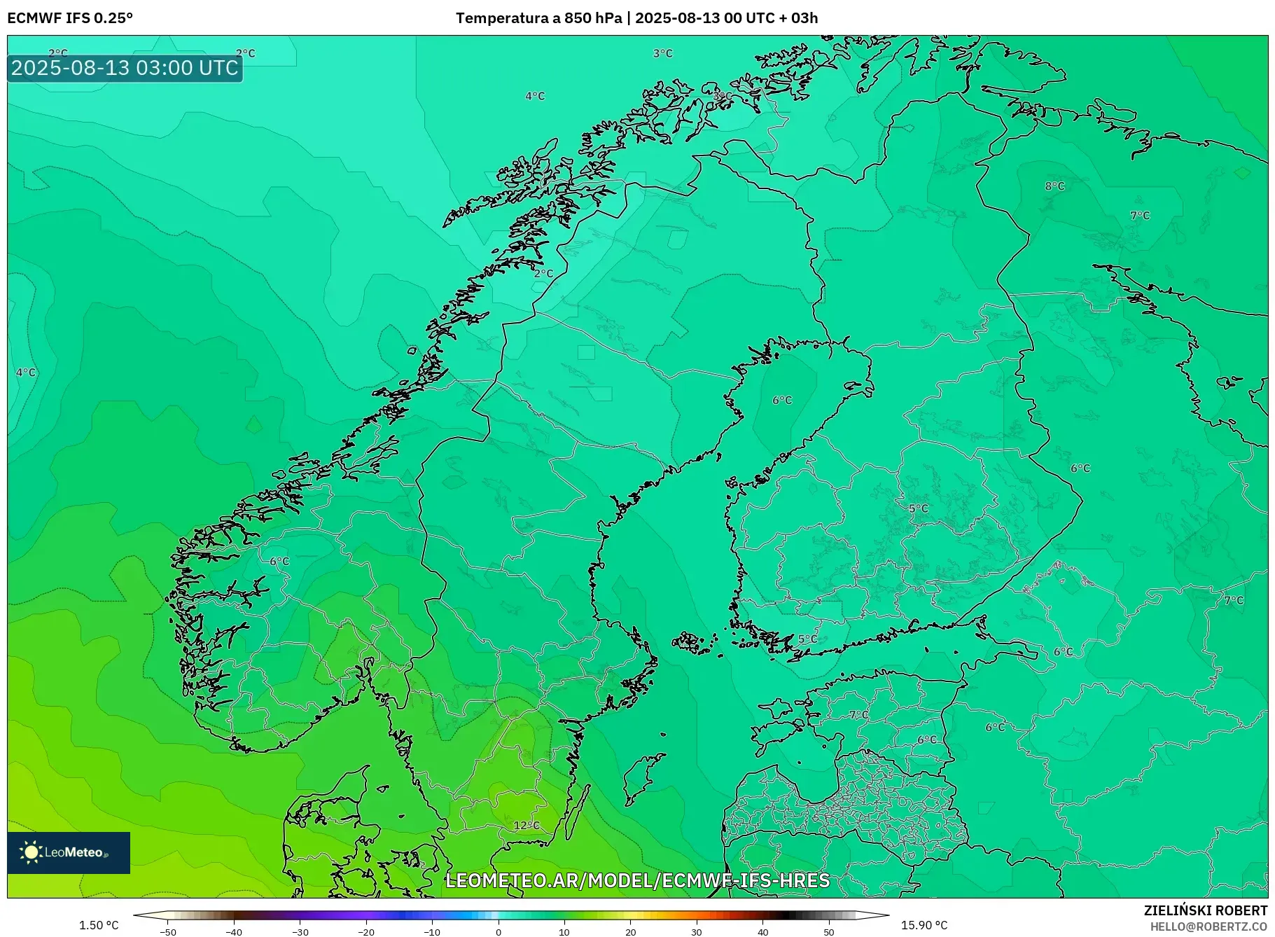 ECMWF IFS 0.25° model - Escandinavia, Temperatura a 850 hPa