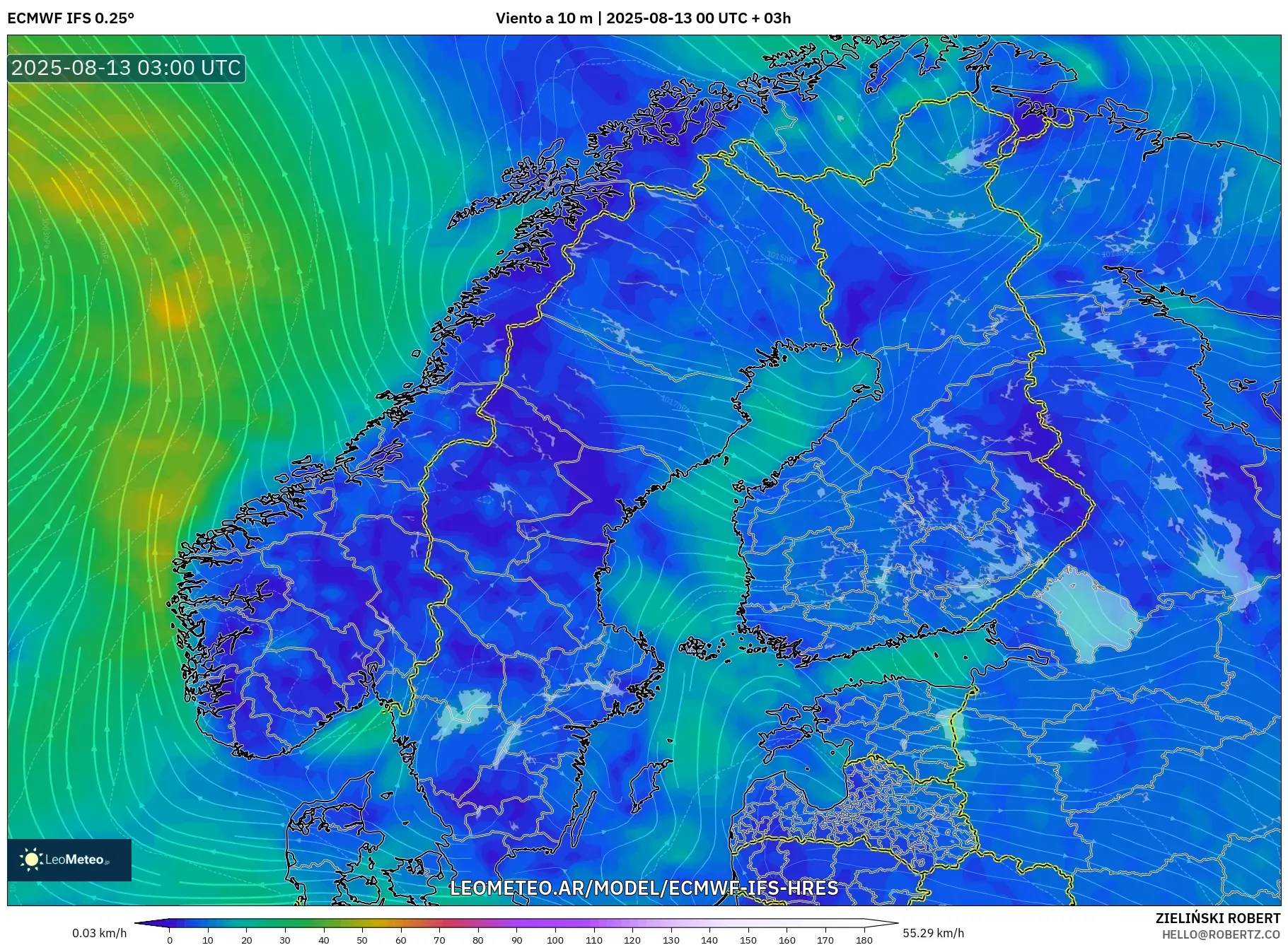 ECMWF IFS 0.25° model - Escandinavia, Viento a 10 m