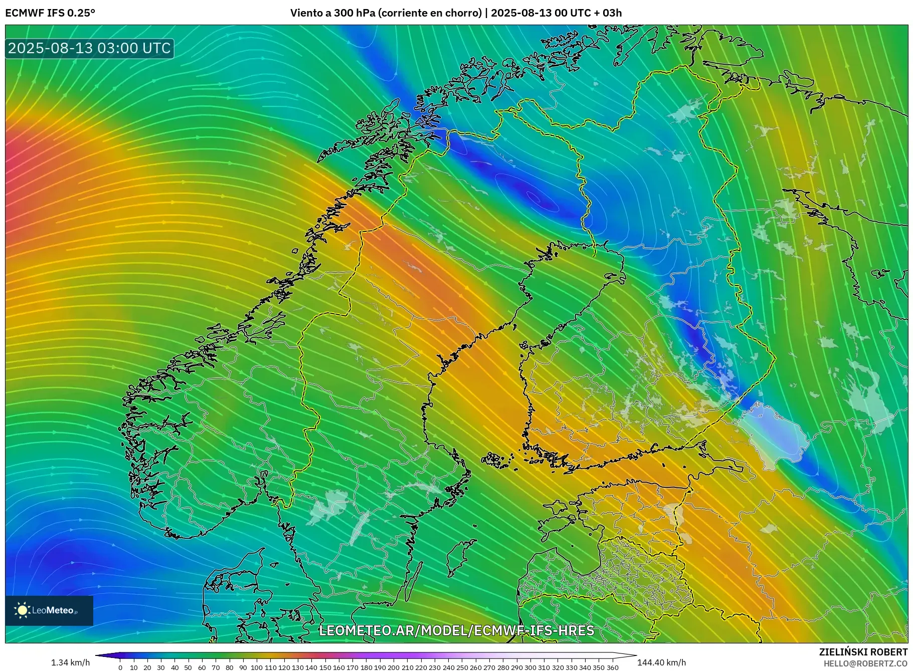 ECMWF IFS 0.25° model - Escandinavia, Viento a 300 hPa (corriente en chorro)