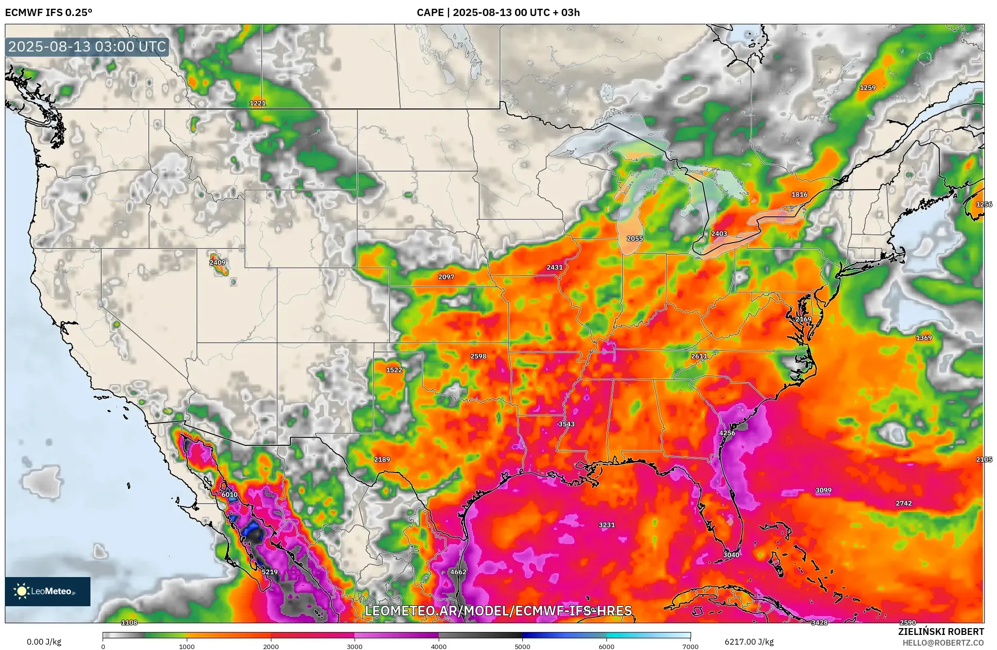 ECMWF IFS 0.25° model - Estados Unidos, CAPE