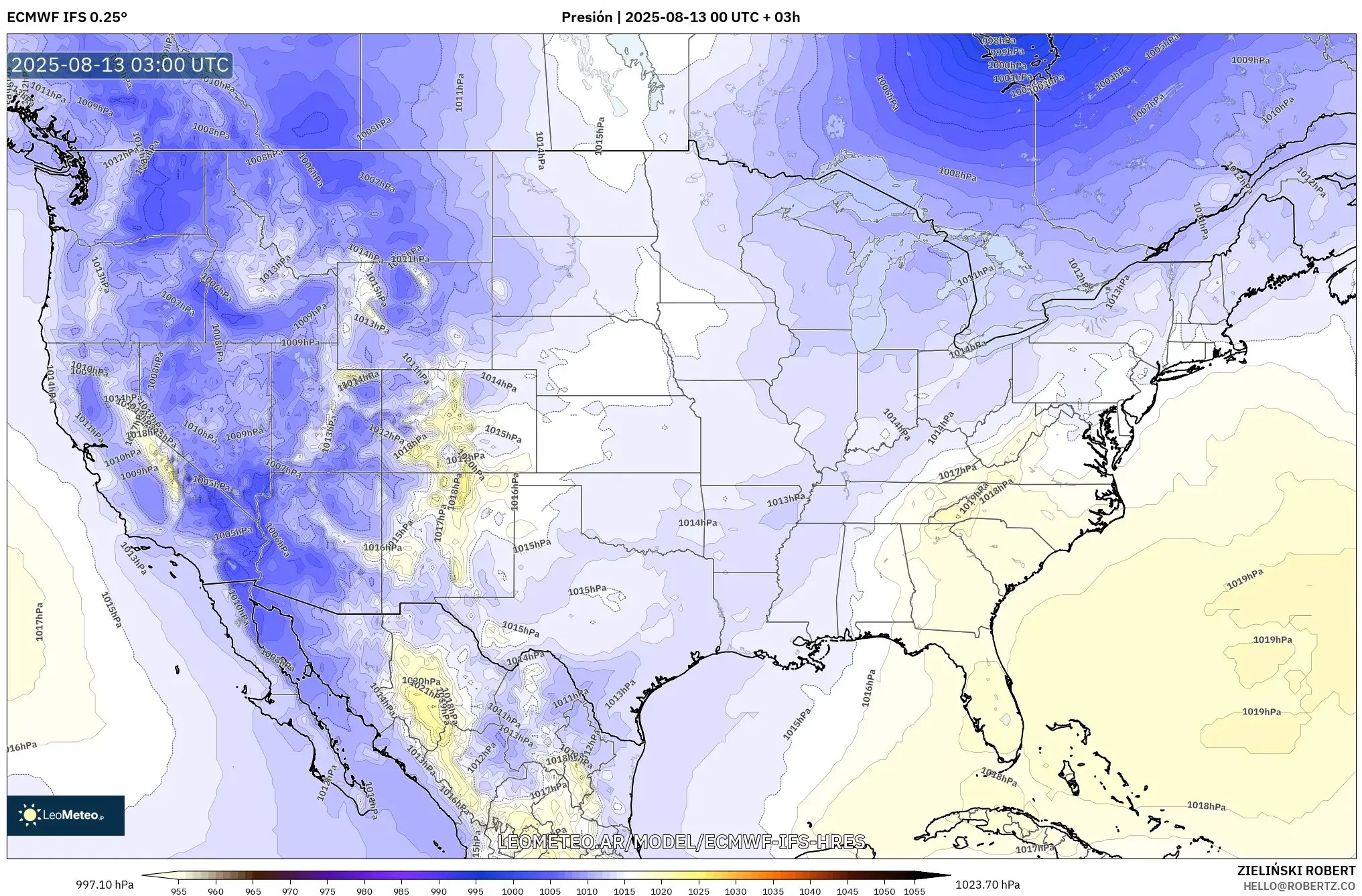 ECMWF IFS 0.25° model - Estados Unidos, Presión ECMWF IFS 0.25° model - Estados Unidos, Presión