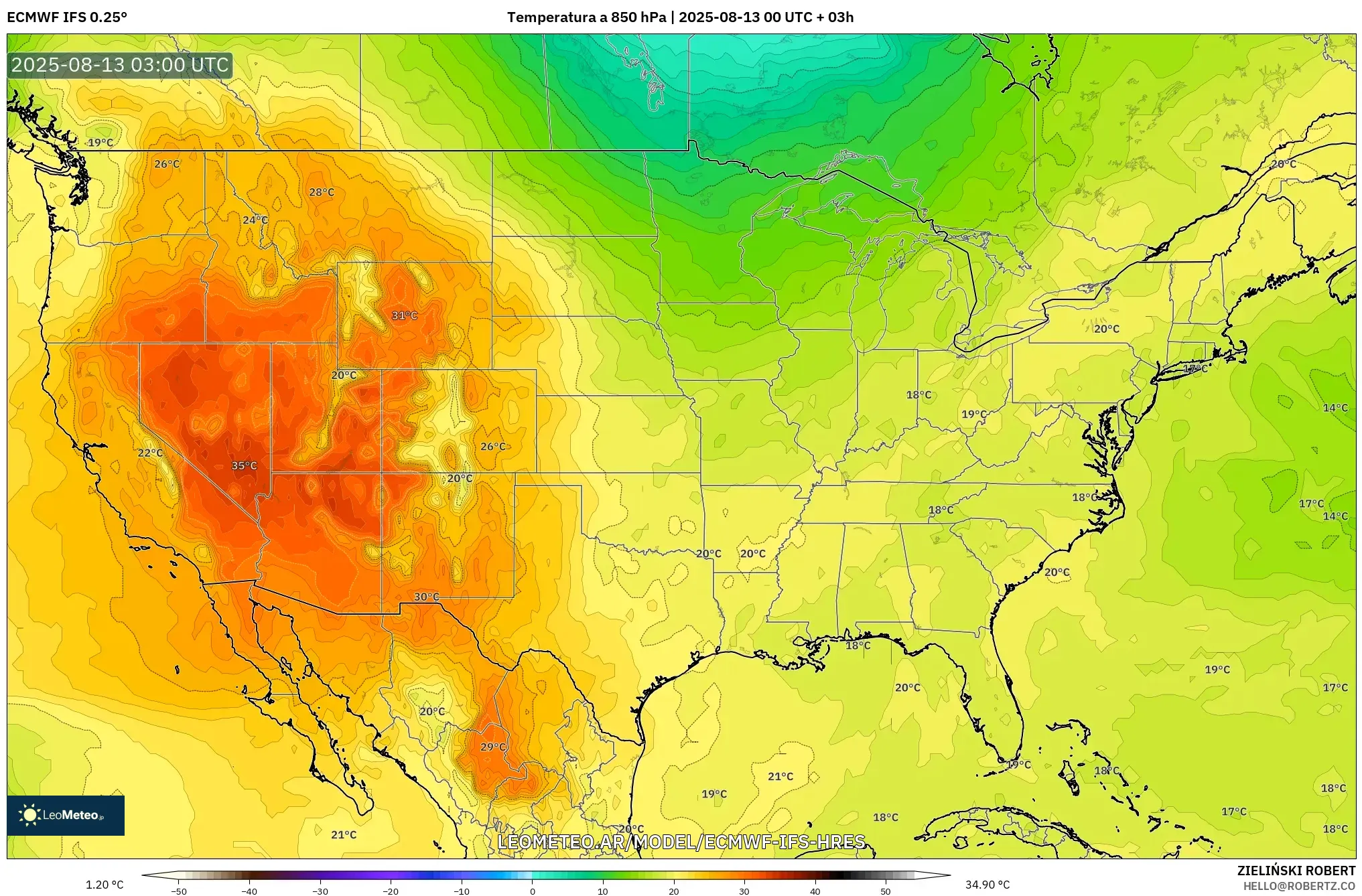 ECMWF IFS 0.25° model - Estados Unidos, Temperatura a 850 hPa ECMWF IFS 0.25° model - Estados Unidos, Temperatura a 850 hPa