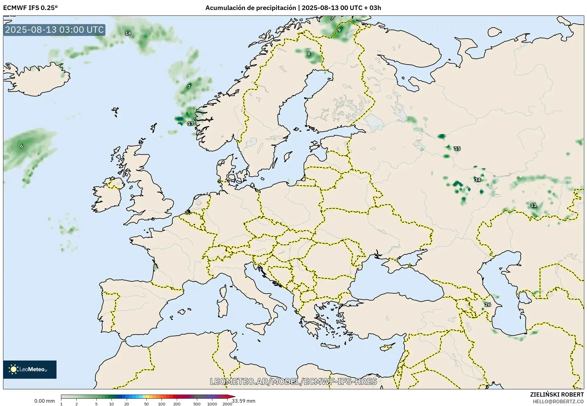 ECMWF IFS 0.25° model - Europa, Acumulación de precipitación