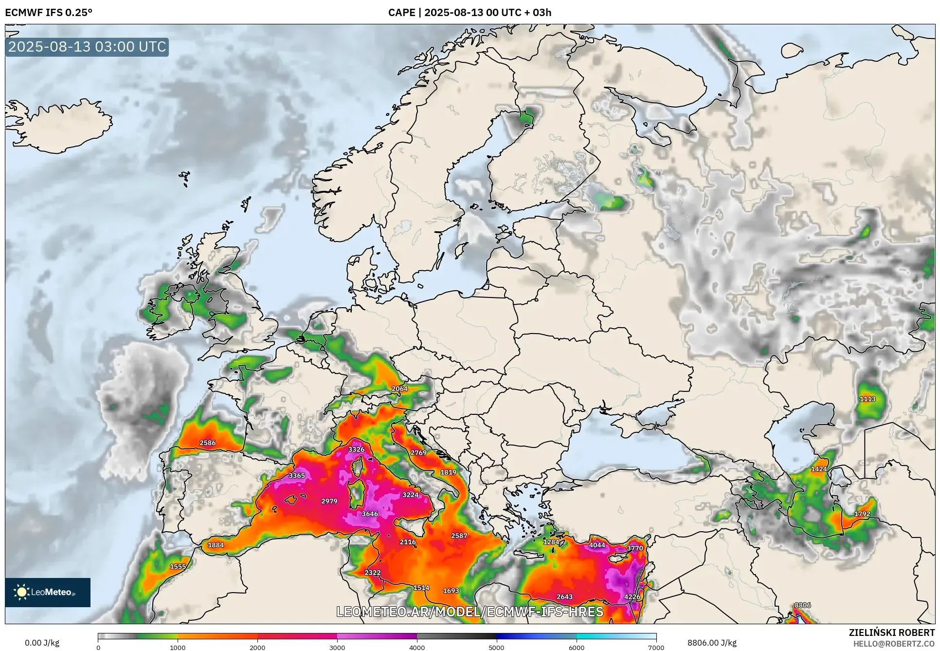 ECMWF IFS 0.25° model - Europa, CAPE
