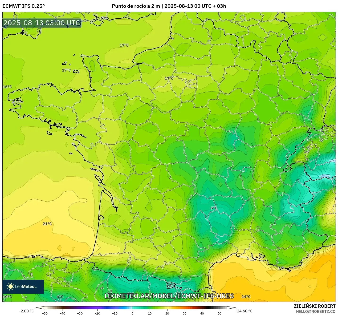 ECMWF IFS 0.25° model - Francia, Punto de rocío a 2 m
