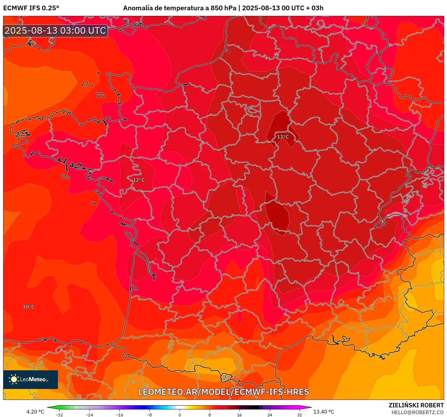 ECMWF IFS 0.25° model - Francia, Anomalía de temperatura a 850 hPa ECMWF IFS 0.25° model - Francia, Anomalía de temperatura a 850 hPa