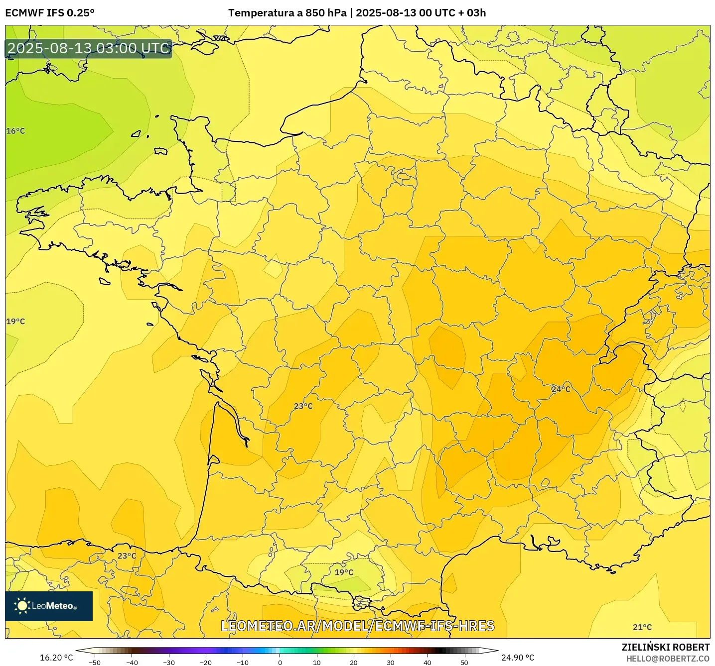 ECMWF IFS 0.25° model - Francia, Temperatura a 850 hPa