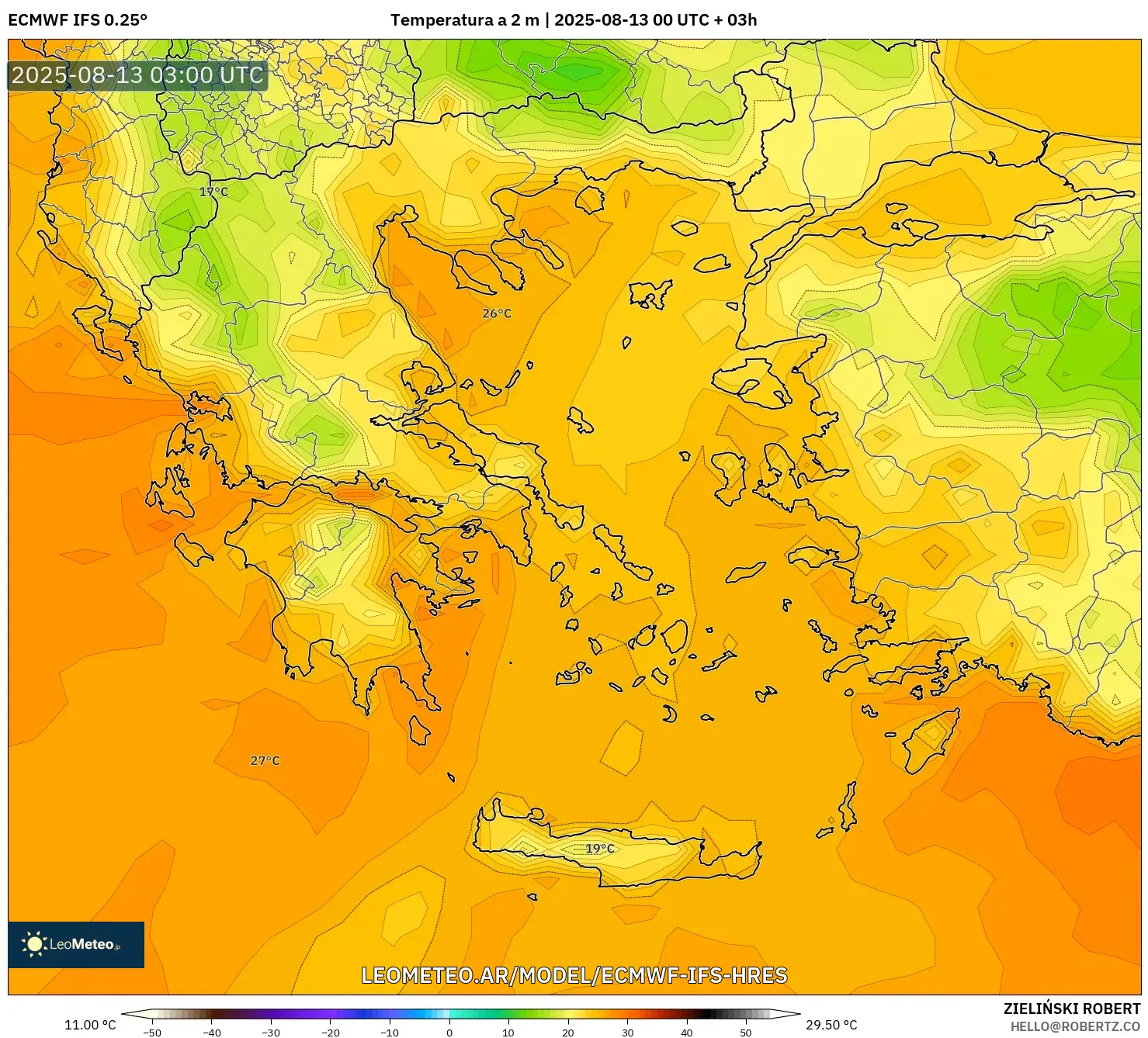 ECMWF IFS 0.25° model - Grecia, Temperatura a 2 m ECMWF IFS 0.25° model - Grecia, Temperatura a 2 m
