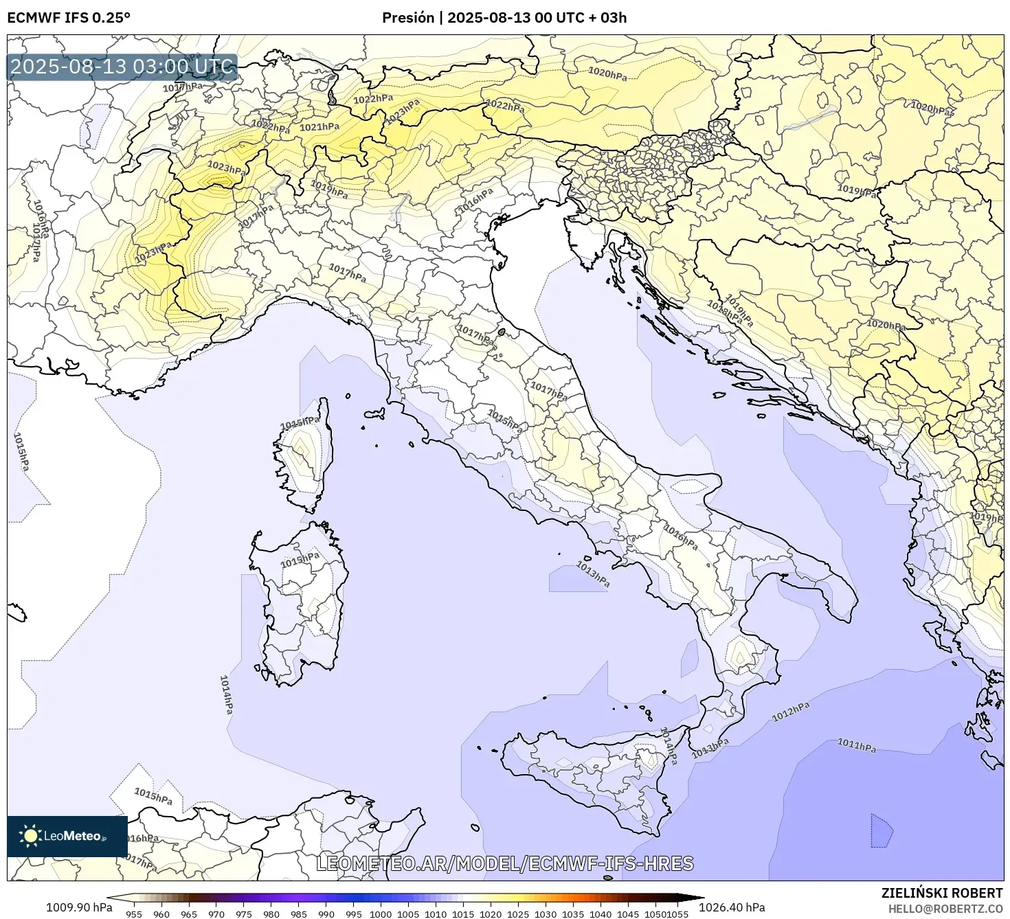 ECMWF IFS 0.25° model - Italia, Presión ECMWF IFS 0.25° model - Italia, Presión