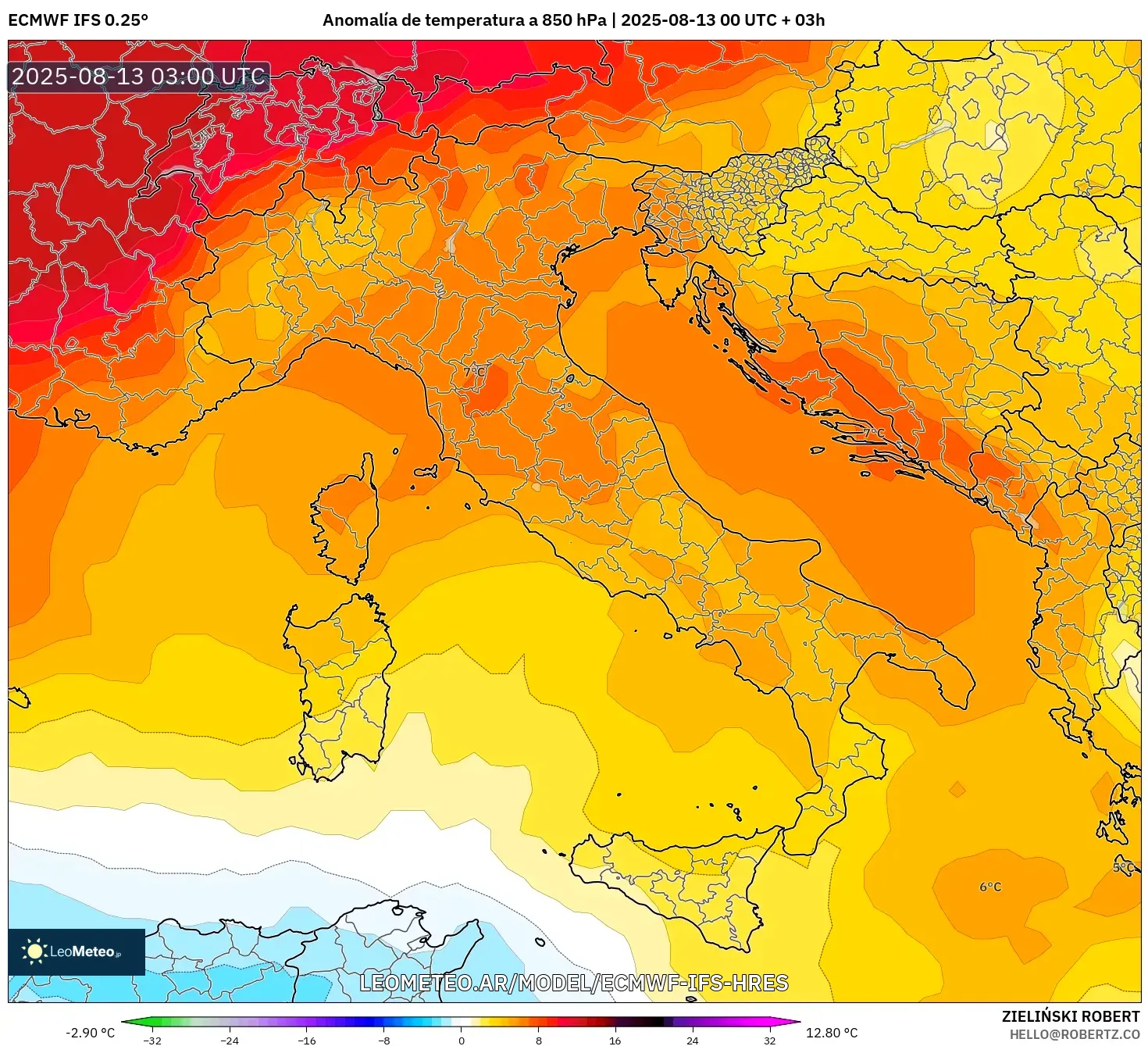 ECMWF IFS 0.25° model - Italia, Anomalía de temperatura a 850 hPa