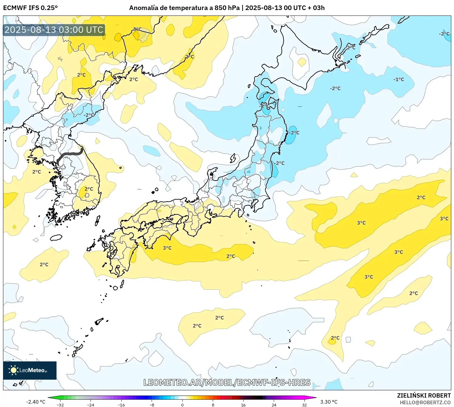 ECMWF IFS 0.25° model - Japón, Anomalía de temperatura a 850 hPa ECMWF IFS 0.25° model - Japón, Anomalía de temperatura a 850 hPa