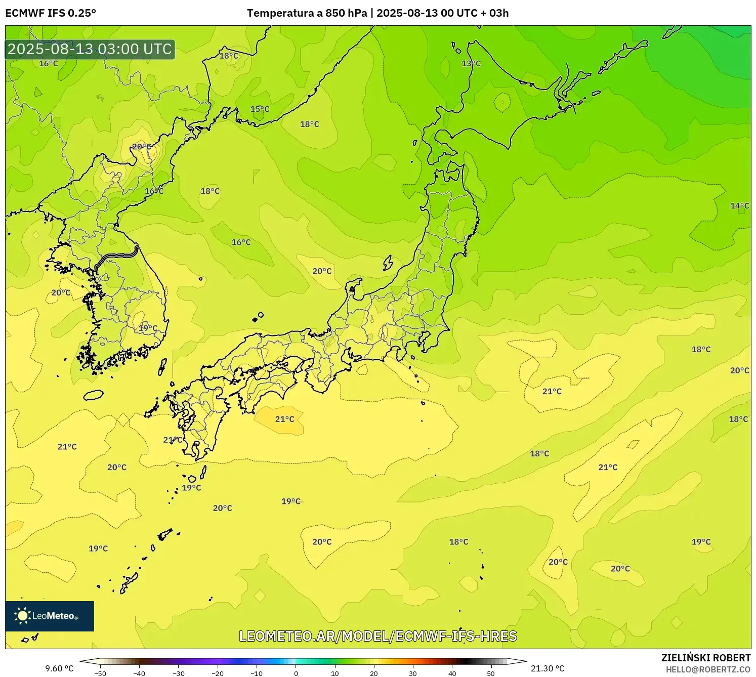 ECMWF IFS 0.25° model - Japón, Temperatura a 850 hPa