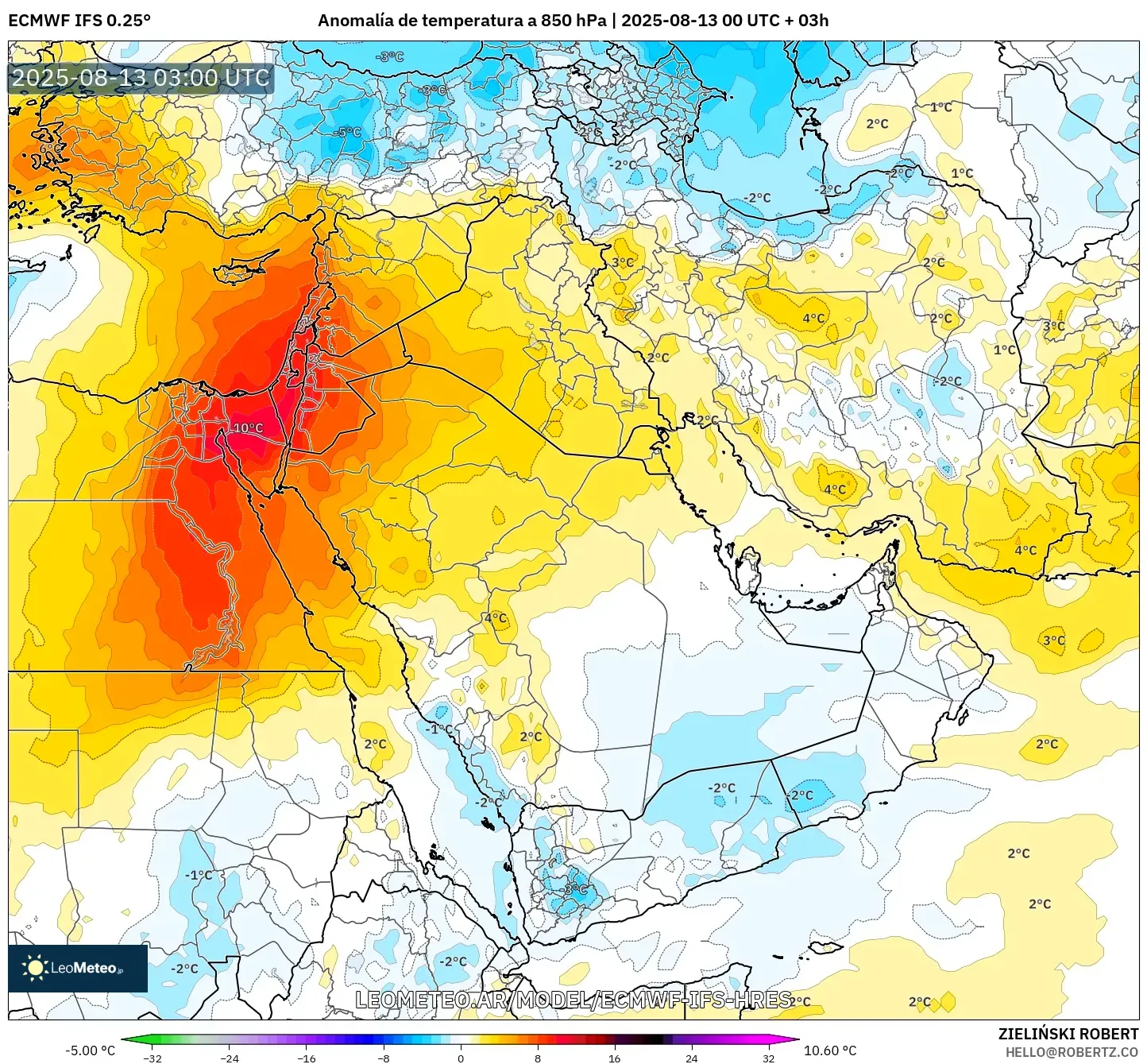 ECMWF IFS 0.25° model - Oriente Medio, Anomalía de temperatura a 850 hPa