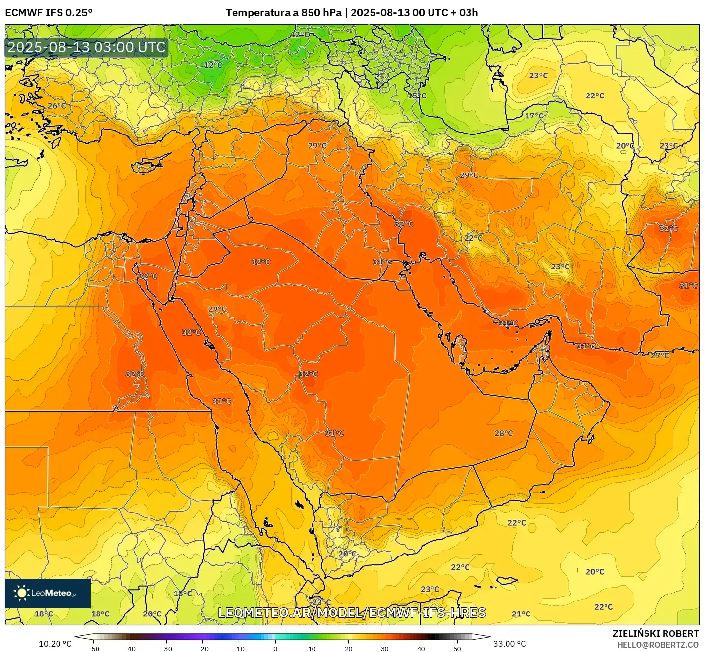 ECMWF IFS 0.25° model - Oriente Medio, Temperatura a 850 hPa