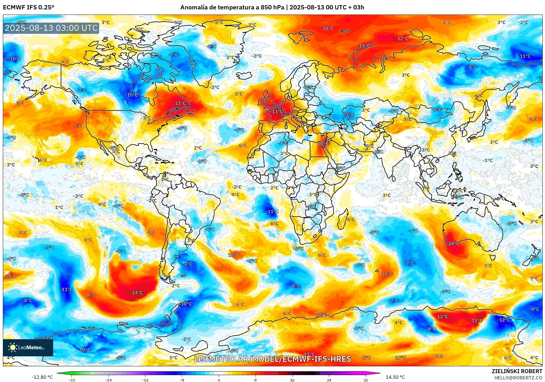 ECMWF IFS 0.25° model - Mundo, Anomalía de temperatura a 850 hPa ECMWF IFS 0.25° model - Mundo, Anomalía de temperatura a 850 hPa