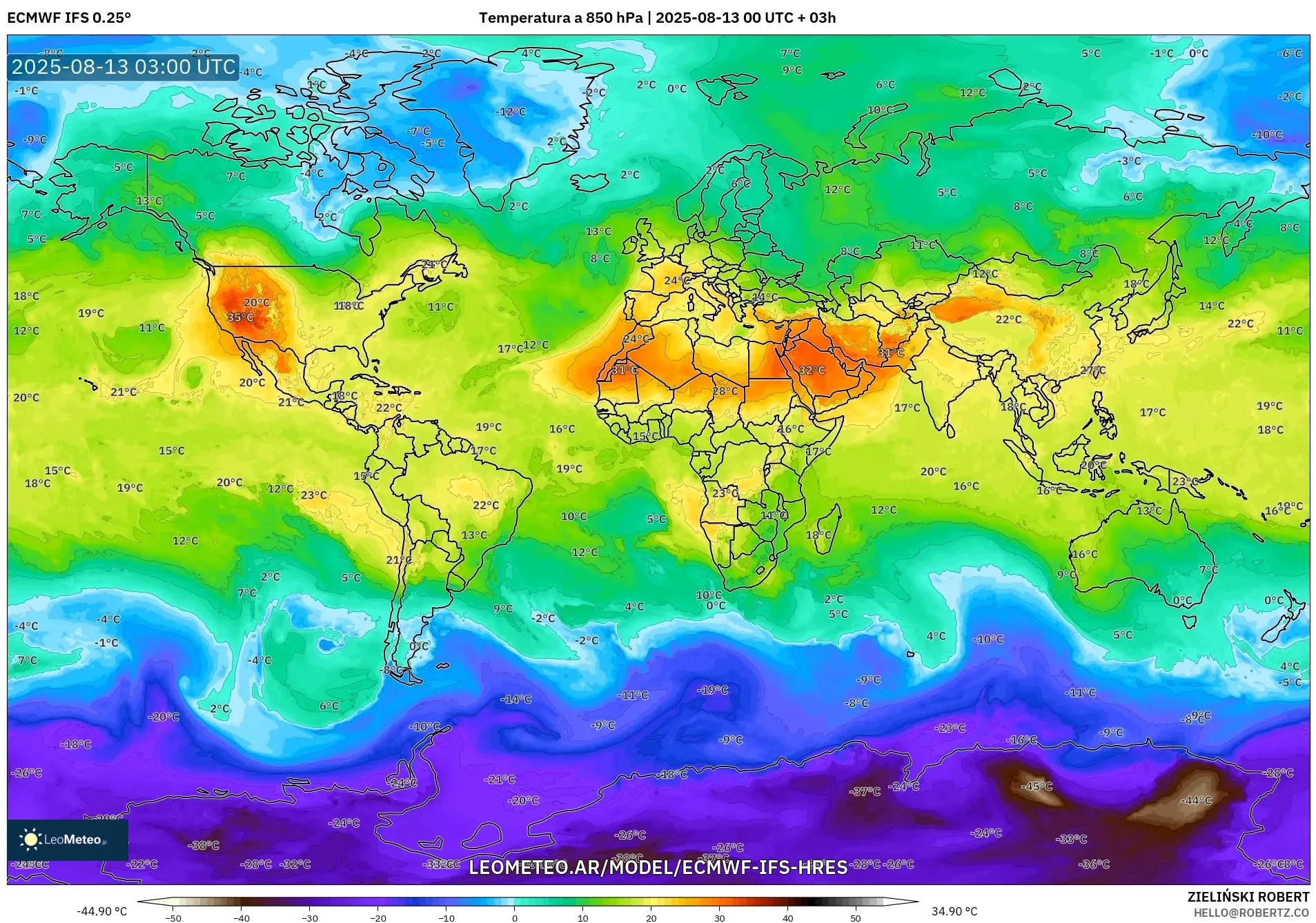 ECMWF IFS 0.25° model - Mundo, Temperatura a 850 hPa
