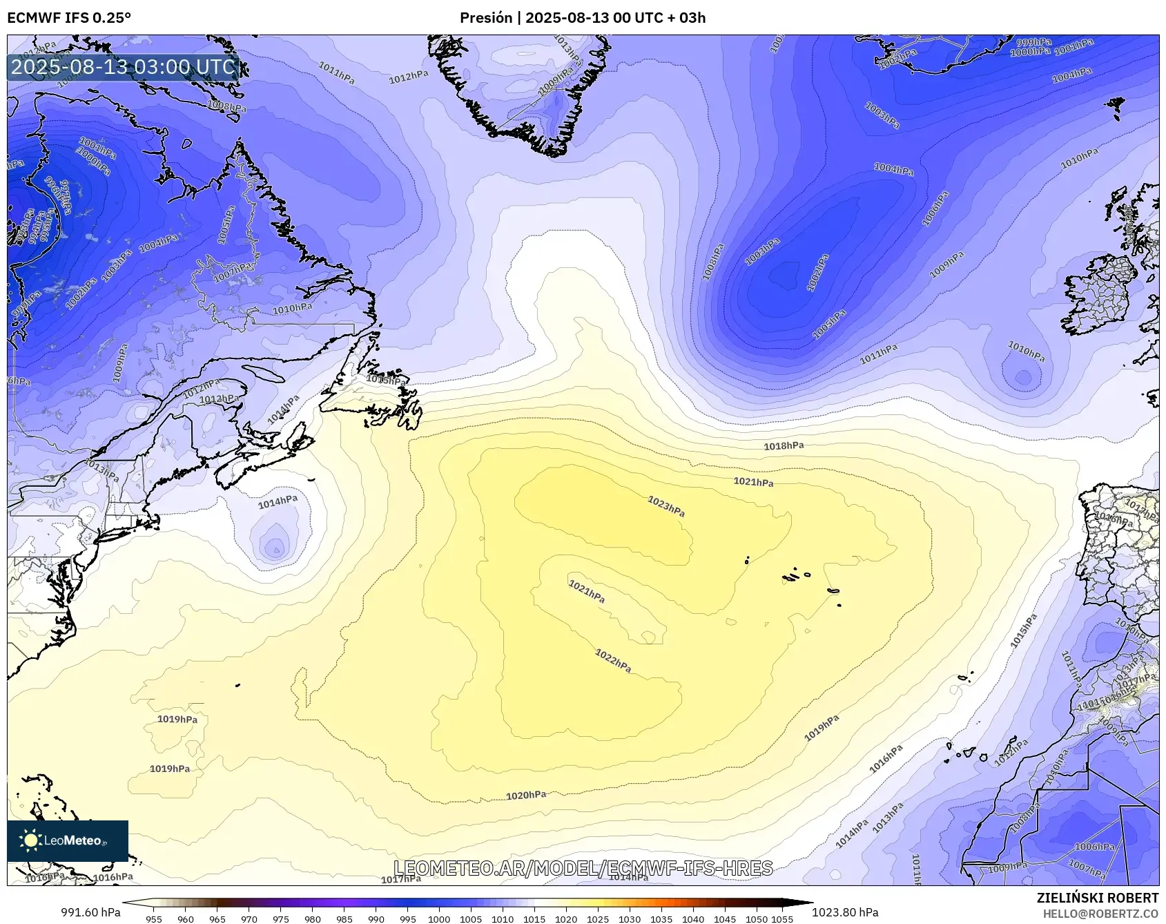ECMWF IFS 0.25° model - Norte Atlántico, Presión ECMWF IFS 0.25° model - Norte Atlántico, Presión