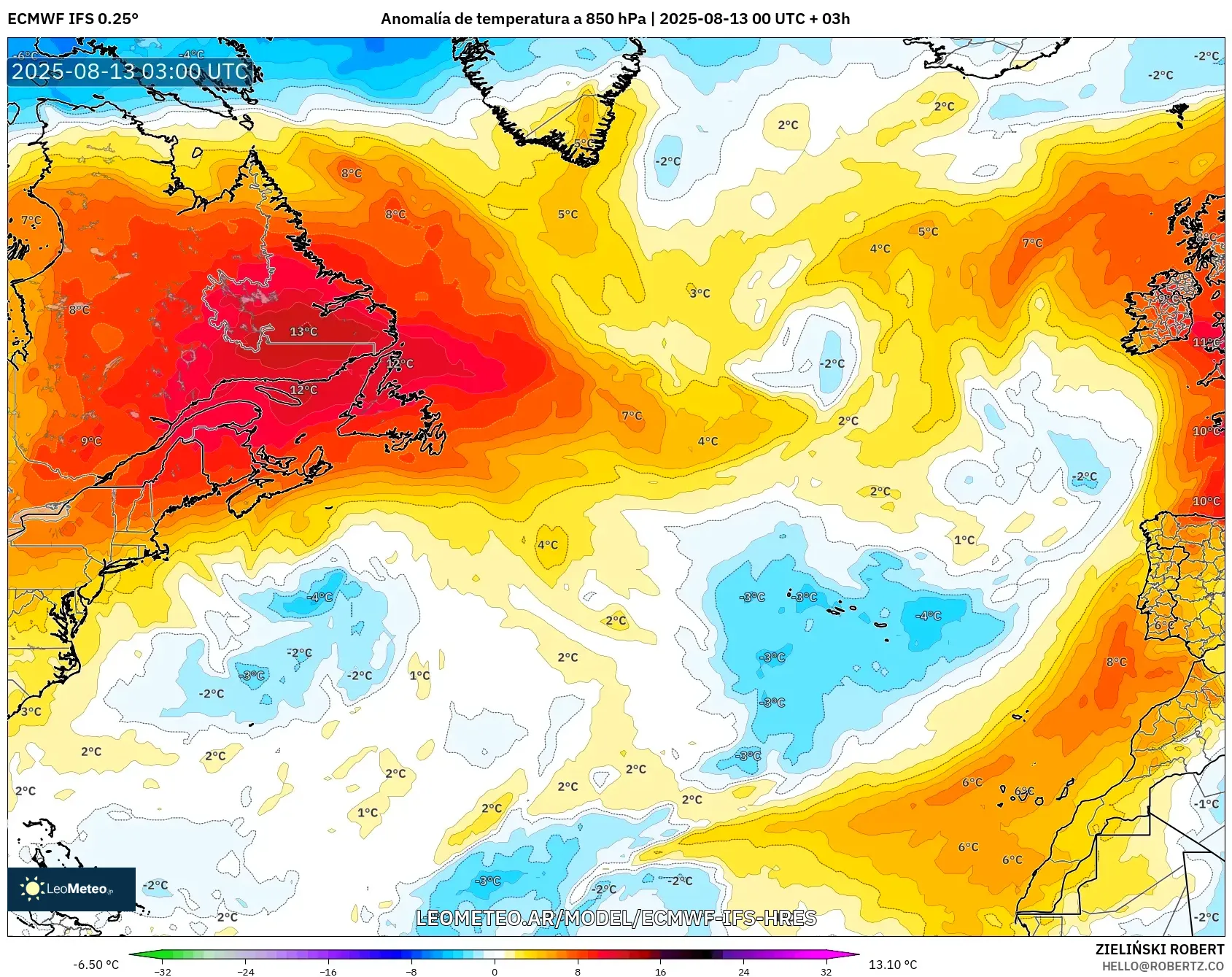 ECMWF IFS 0.25° model - Norte Atlántico, Anomalía de temperatura a 850 hPa