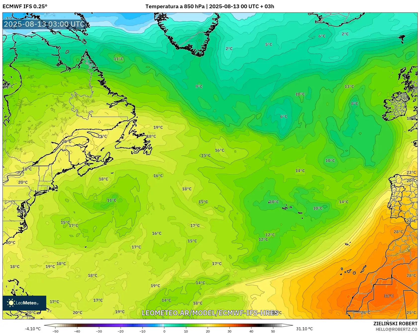 ECMWF IFS 0.25° model - Norte Atlántico, Temperatura a 850 hPa