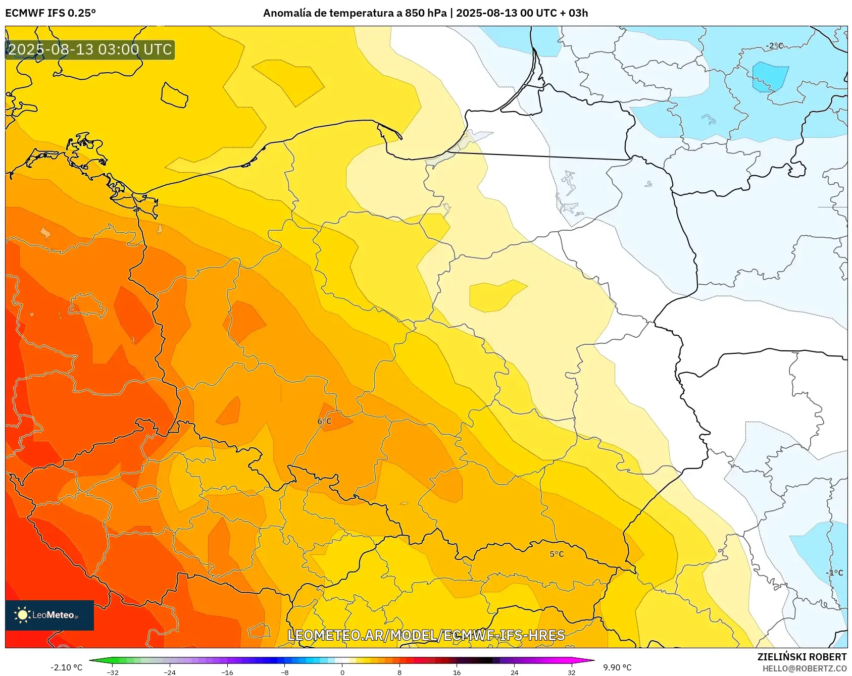 ECMWF IFS 0.25° model - Polonia, Anomalía de temperatura a 850 hPa ECMWF IFS 0.25° model - Polonia, Anomalía de temperatura a 850 hPa