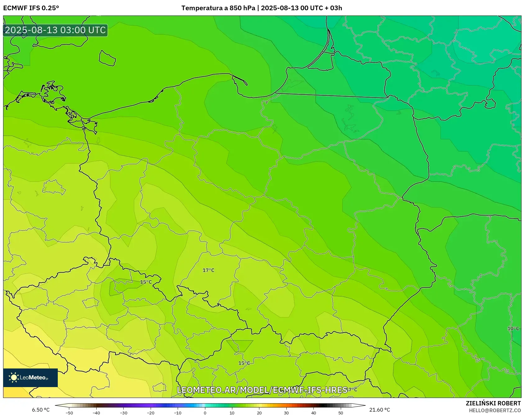 ECMWF IFS 0.25° model - Polonia, Temperatura a 850 hPa