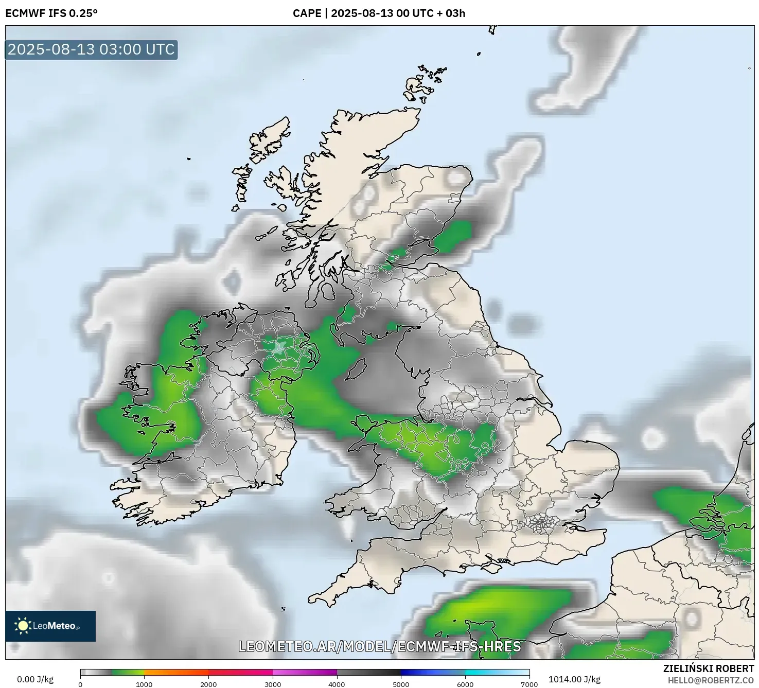 ECMWF IFS 0.25° model - Reino Unido, CAPE ECMWF IFS 0.25° model - Reino Unido, CAPE