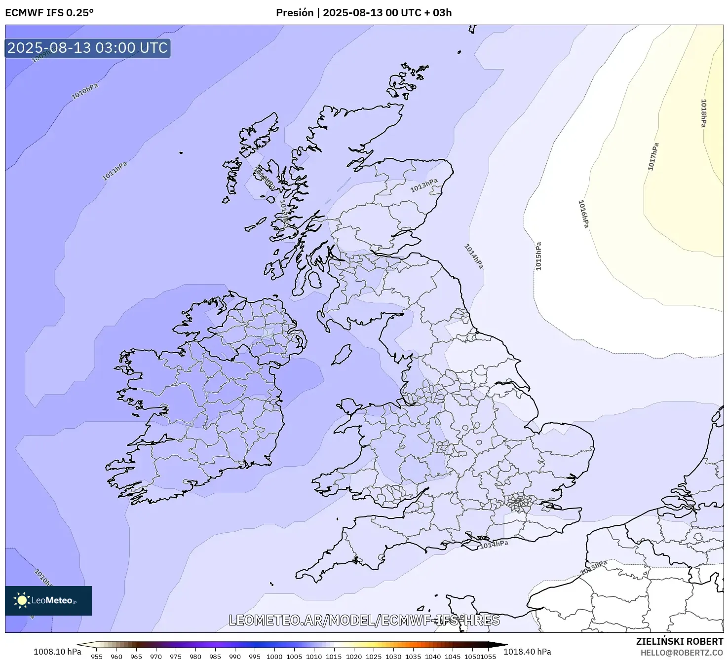 ECMWF IFS 0.25° model - Reino Unido, Presión