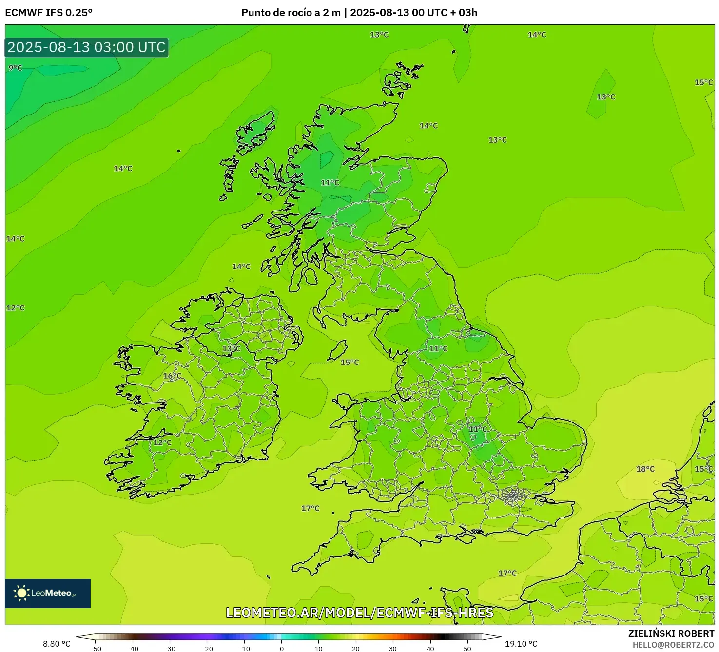 ECMWF IFS 0.25° model - Reino Unido, Punto de rocío a 2 m