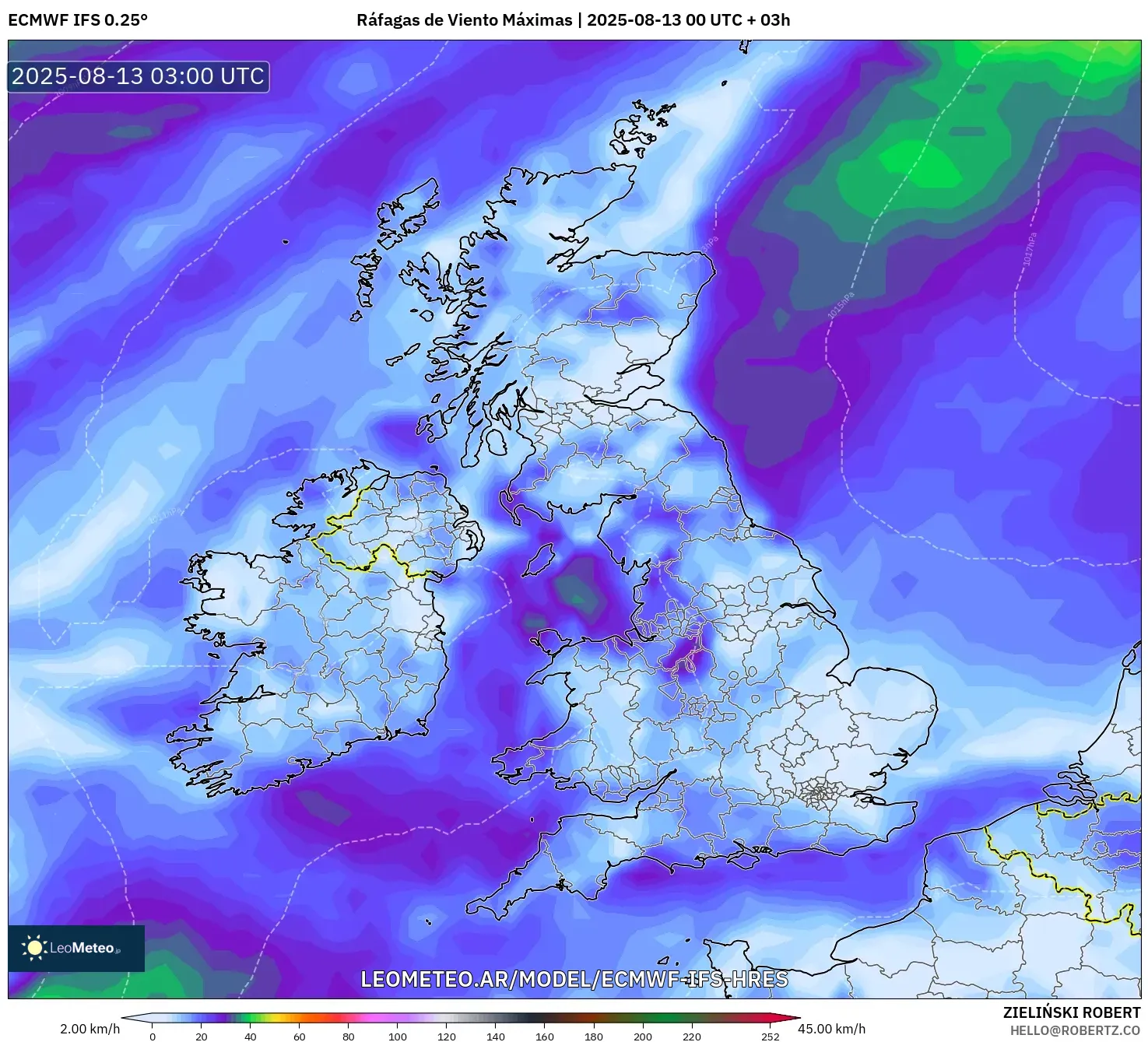 ECMWF IFS 0.25° model - Reino Unido, Ráfagas de Viento Máximas