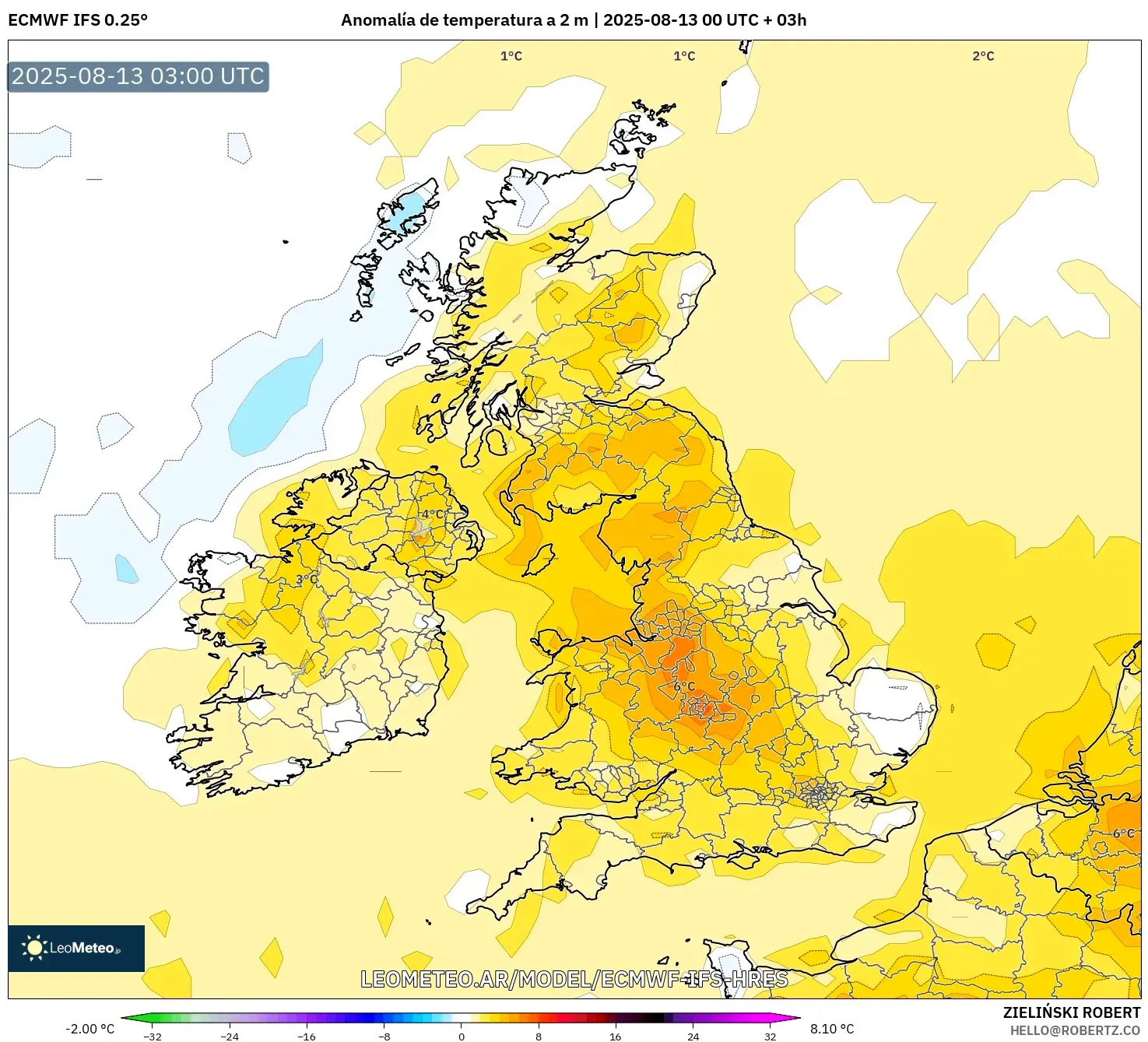 ECMWF IFS 0.25° model - Reino Unido, Anomalía de temperatura a 2 m