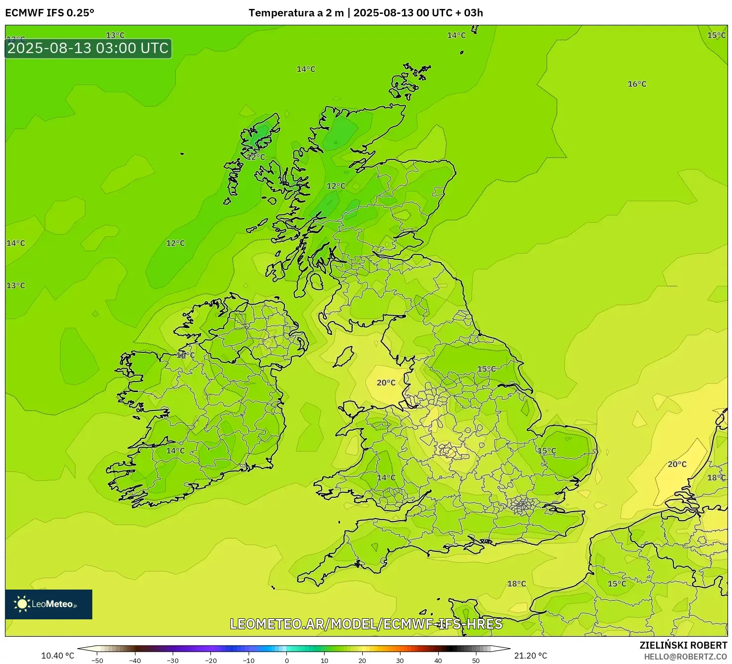 ECMWF IFS 0.25° model - Reino Unido, Temperatura a 2 m