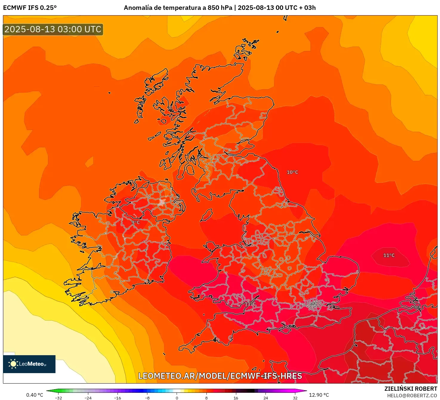 ECMWF IFS 0.25° model - Reino Unido, Anomalía de temperatura a 850 hPa ECMWF IFS 0.25° model - Reino Unido, Anomalía de temperatura a 850 hPa