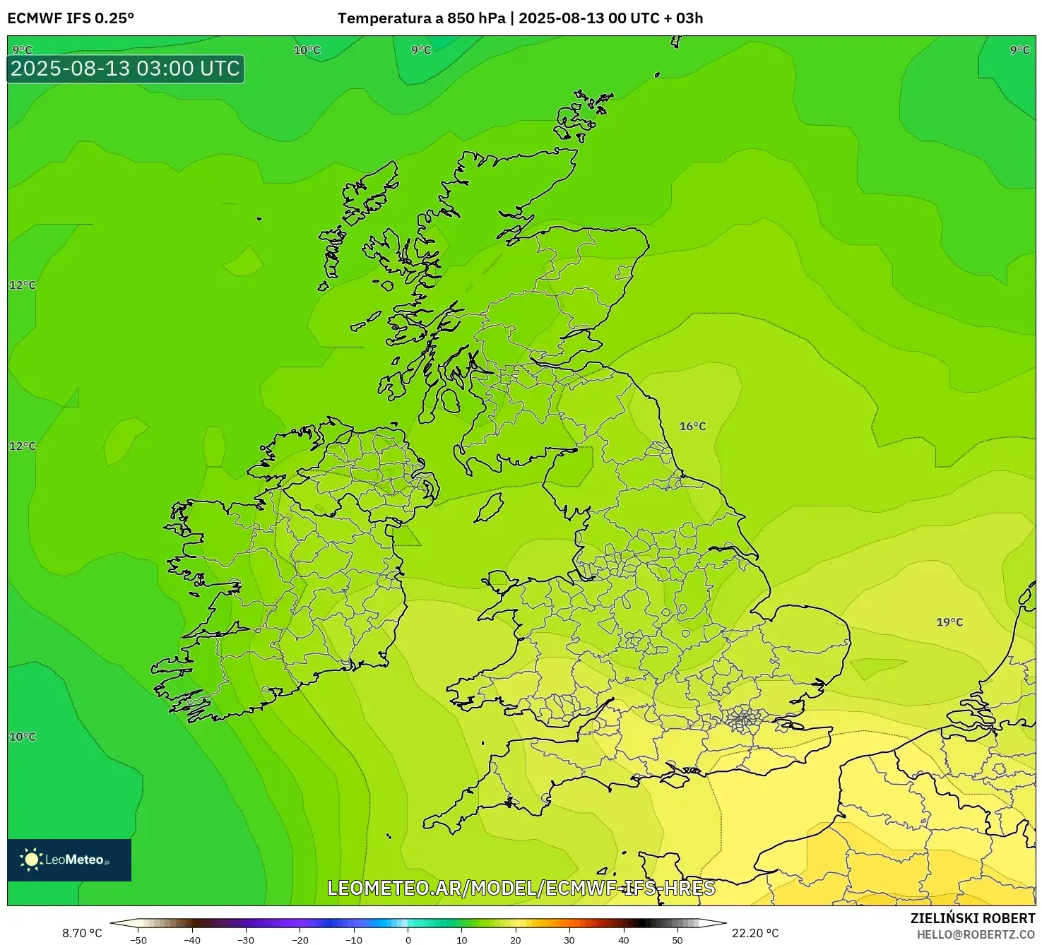 ECMWF IFS 0.25° model - Reino Unido, Temperatura a 850 hPa ECMWF IFS 0.25° model - Reino Unido, Temperatura a 850 hPa