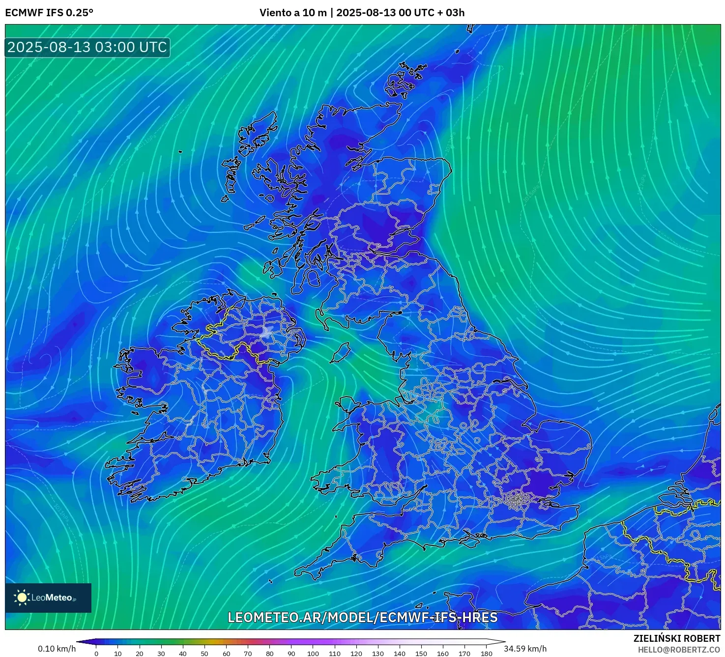 ECMWF IFS 0.25° model - Reino Unido, Viento a 10 m