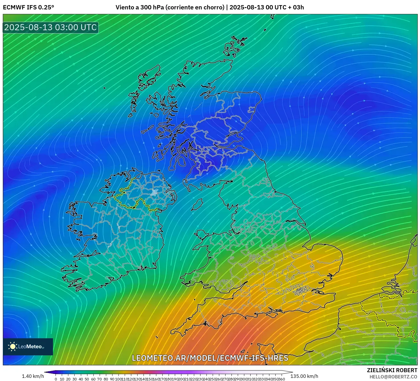 ECMWF IFS 0.25° model - Reino Unido, Viento a 300 hPa (corriente en chorro)