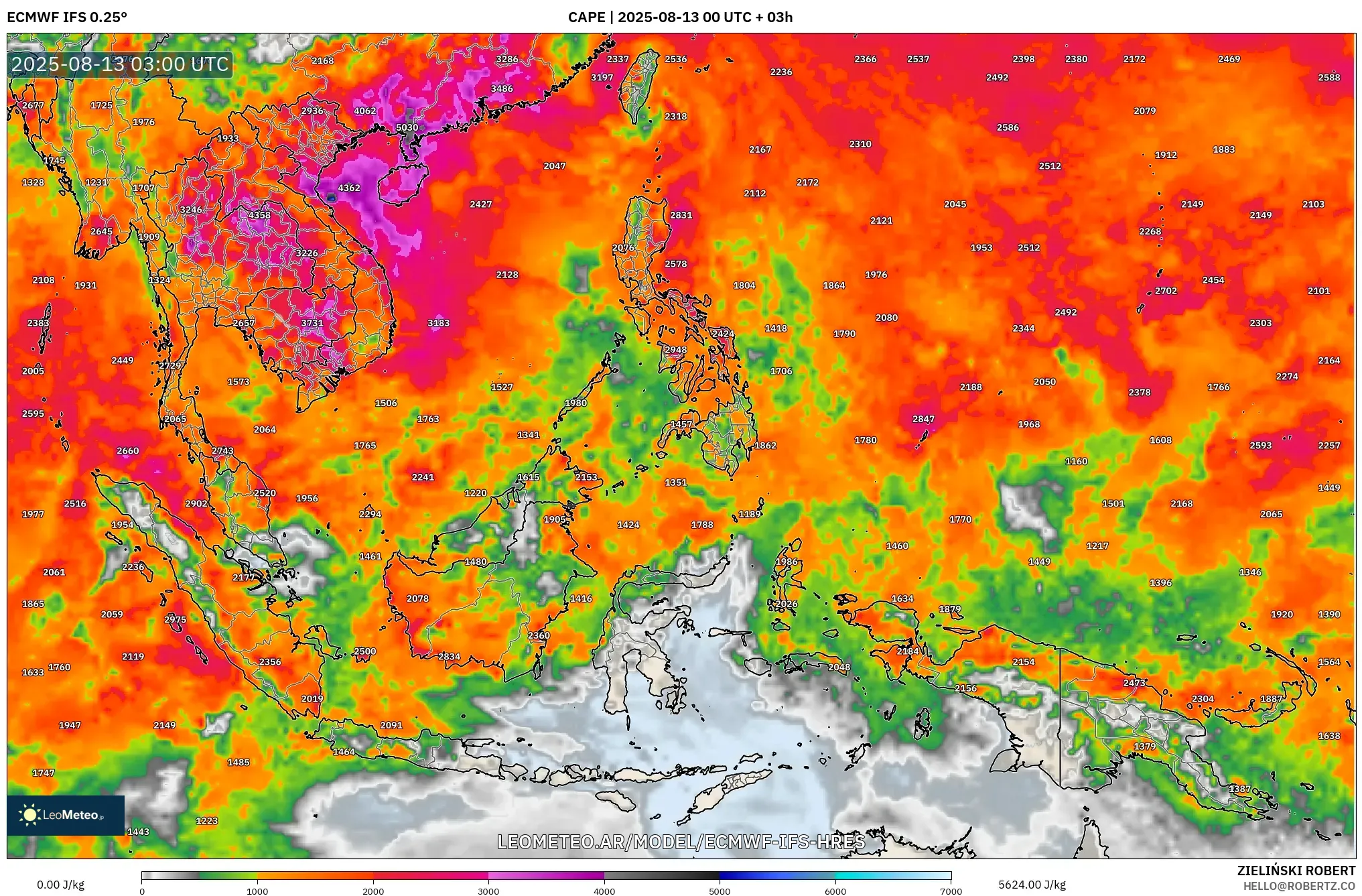 ECMWF IFS 0.25° model - Sudeste Asiático, CAPE ECMWF IFS 0.25° model - Sudeste Asiático, CAPE