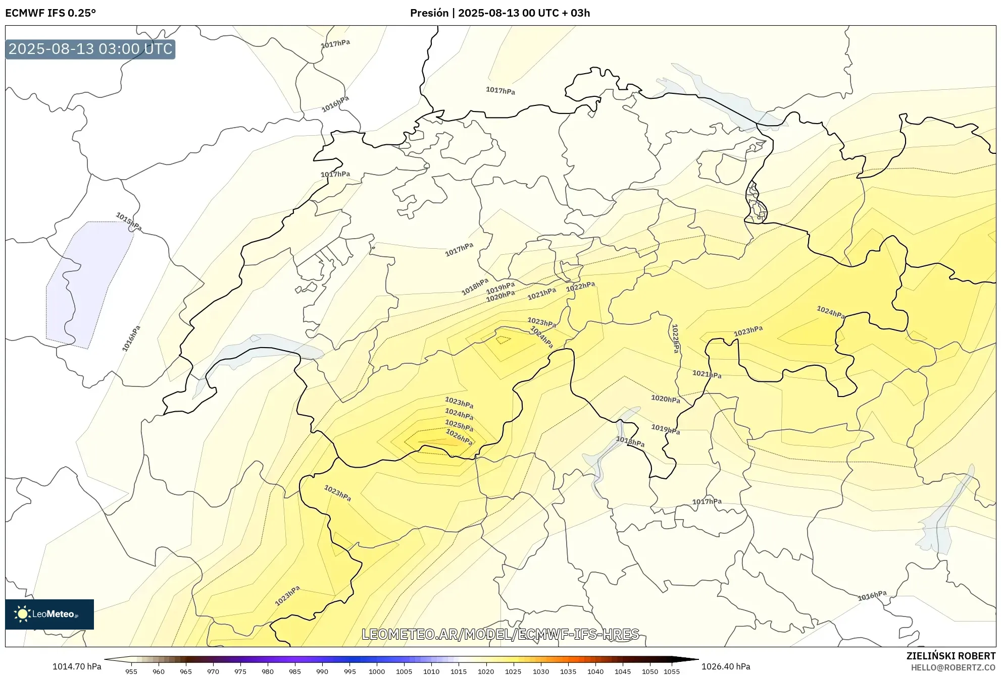 ECMWF IFS 0.25° model - Suiza, Presión ECMWF IFS 0.25° model - Suiza, Presión