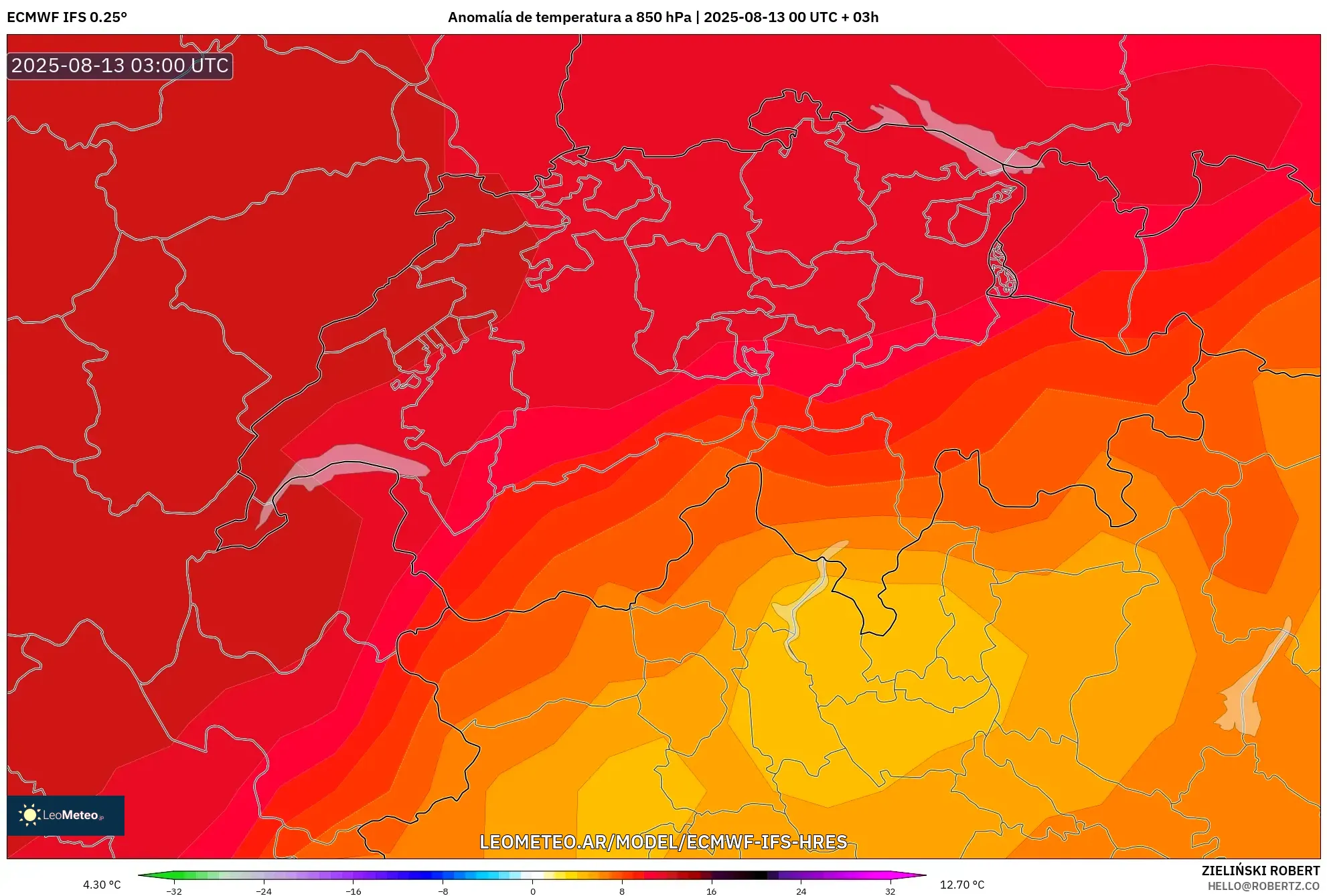 ECMWF IFS 0.25° model - Suiza, Anomalía de temperatura a 850 hPa ECMWF IFS 0.25° model - Suiza, Anomalía de temperatura a 850 hPa