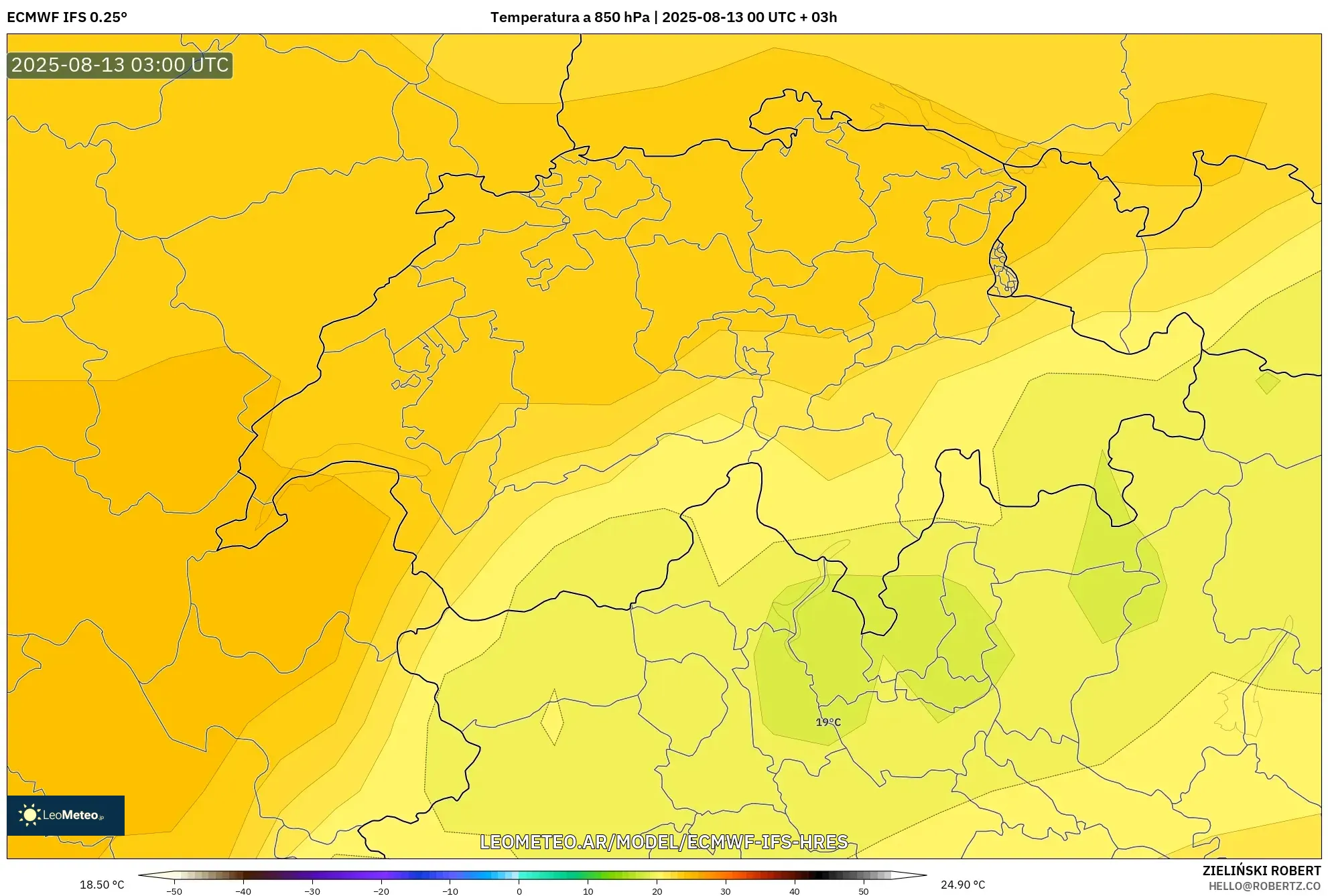 ECMWF IFS 0.25° model - Suiza, Temperatura a 850 hPa
