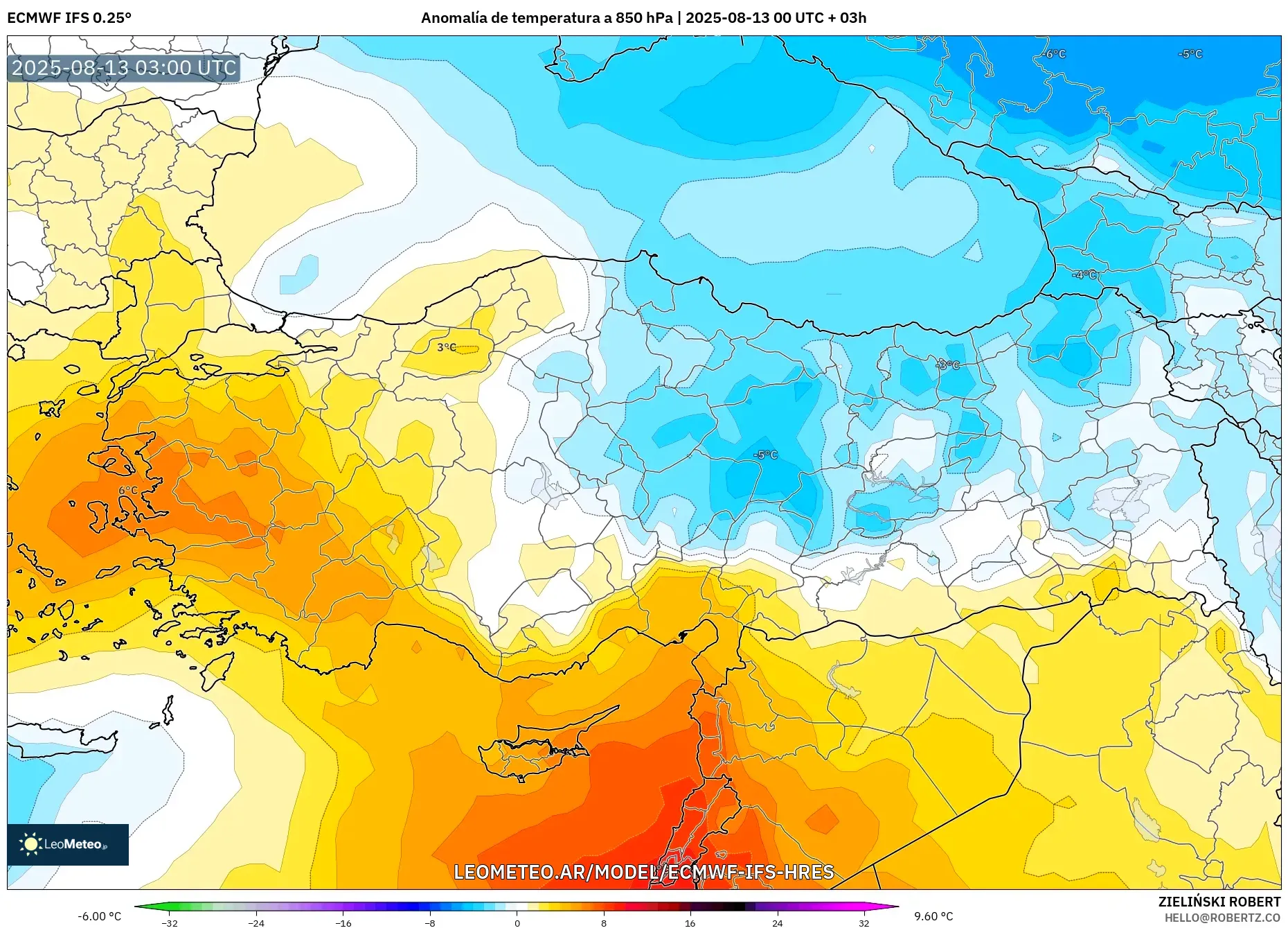 ECMWF IFS 0.25° model - Turquía, Anomalía de temperatura a 850 hPa ECMWF IFS 0.25° model - Turquía, Anomalía de temperatura a 850 hPa