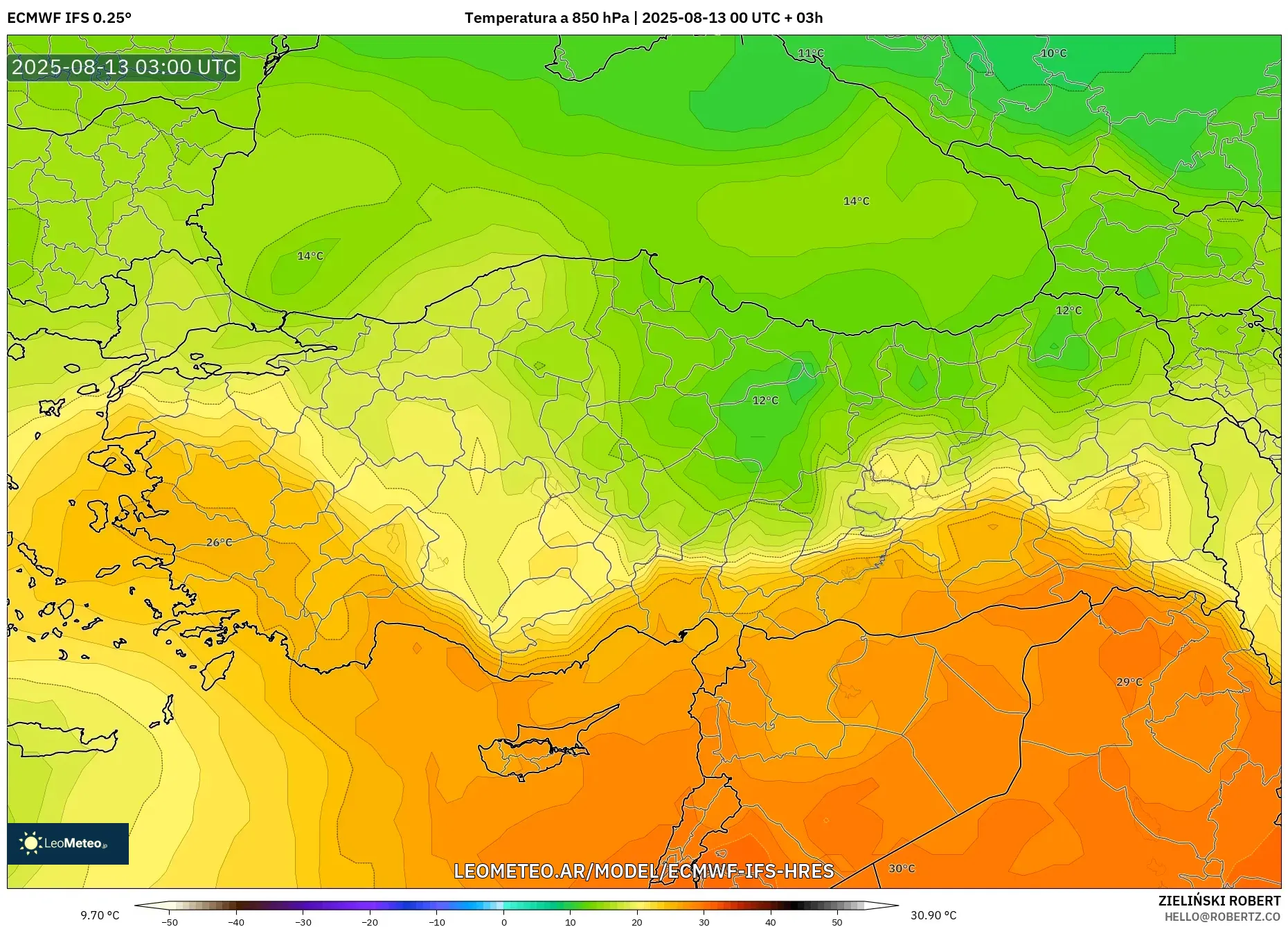 ECMWF IFS 0.25° model - Turquía, Temperatura a 850 hPa